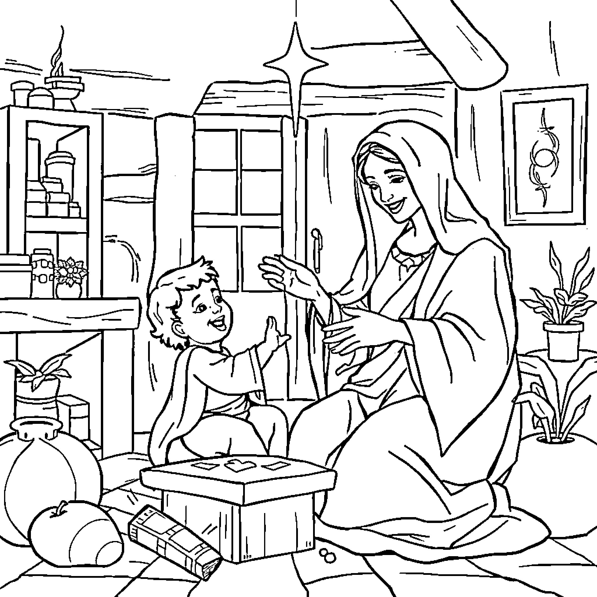 Virgin Mary tenderly comforting a child Coloring Page (free black-and-white line drawing printable PDF for all, from beginners to advanced learners, including children, teens, adults, and seniors)