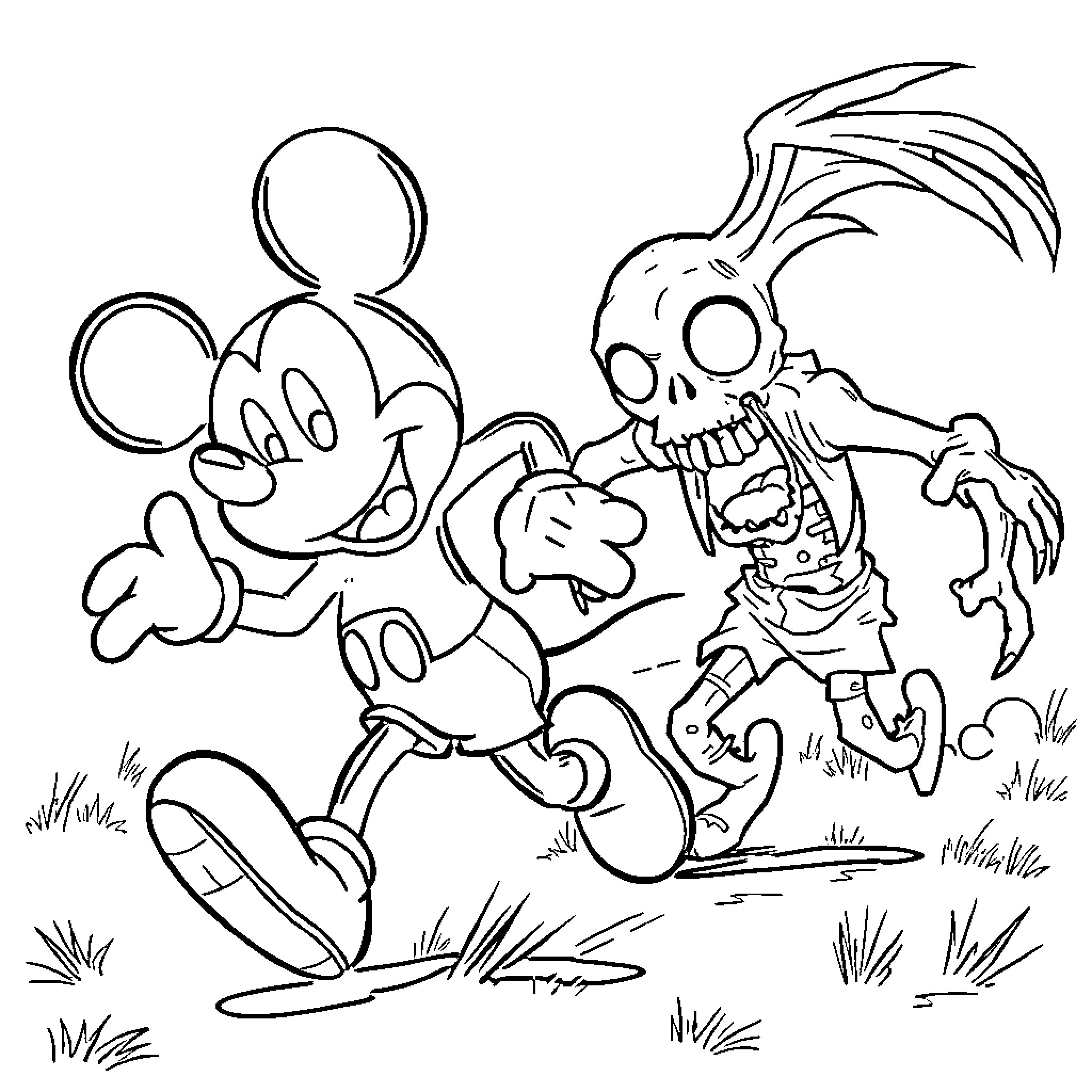 Mickey Outrunning Scary Creature in Field Coloring Page (free black-and-white line drawing printable PDF for all, from beginners to advanced learners, including children, teens, adults, and seniors)