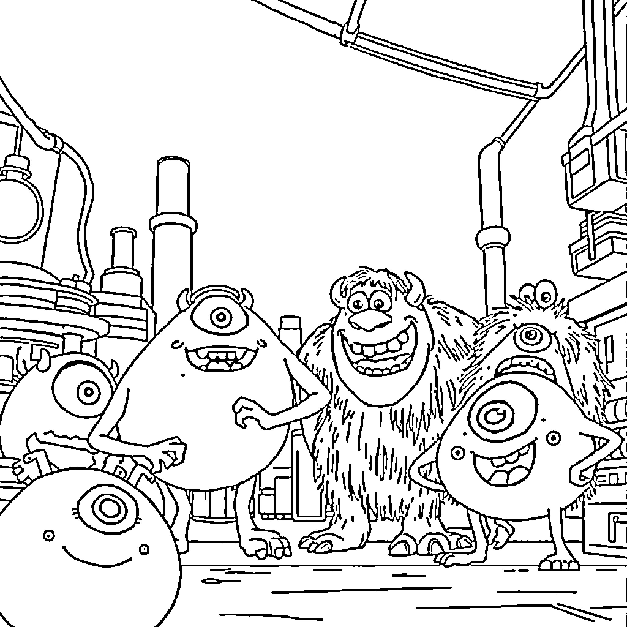 Monster characters in a whimsical city setting Coloring Page (free black-and-white line drawing printable PDF for all, from beginners to advanced learners, including children, teens, adults, and seniors)