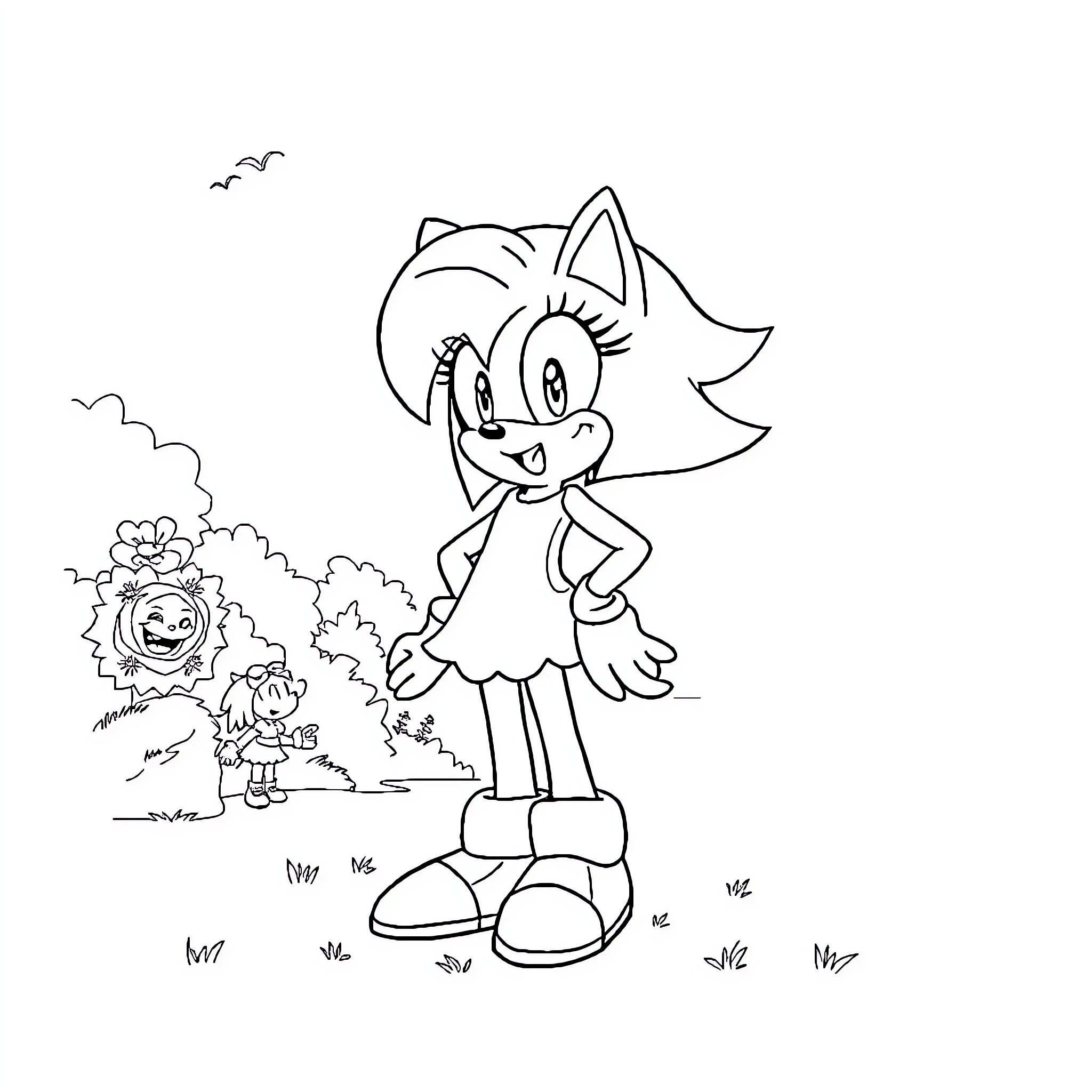 Amy Rose enjoying the outdoors with friends Coloring Page (free black-and-white line drawing printable PDF for all, from beginners to advanced learners, including children, teens, adults, and seniors)