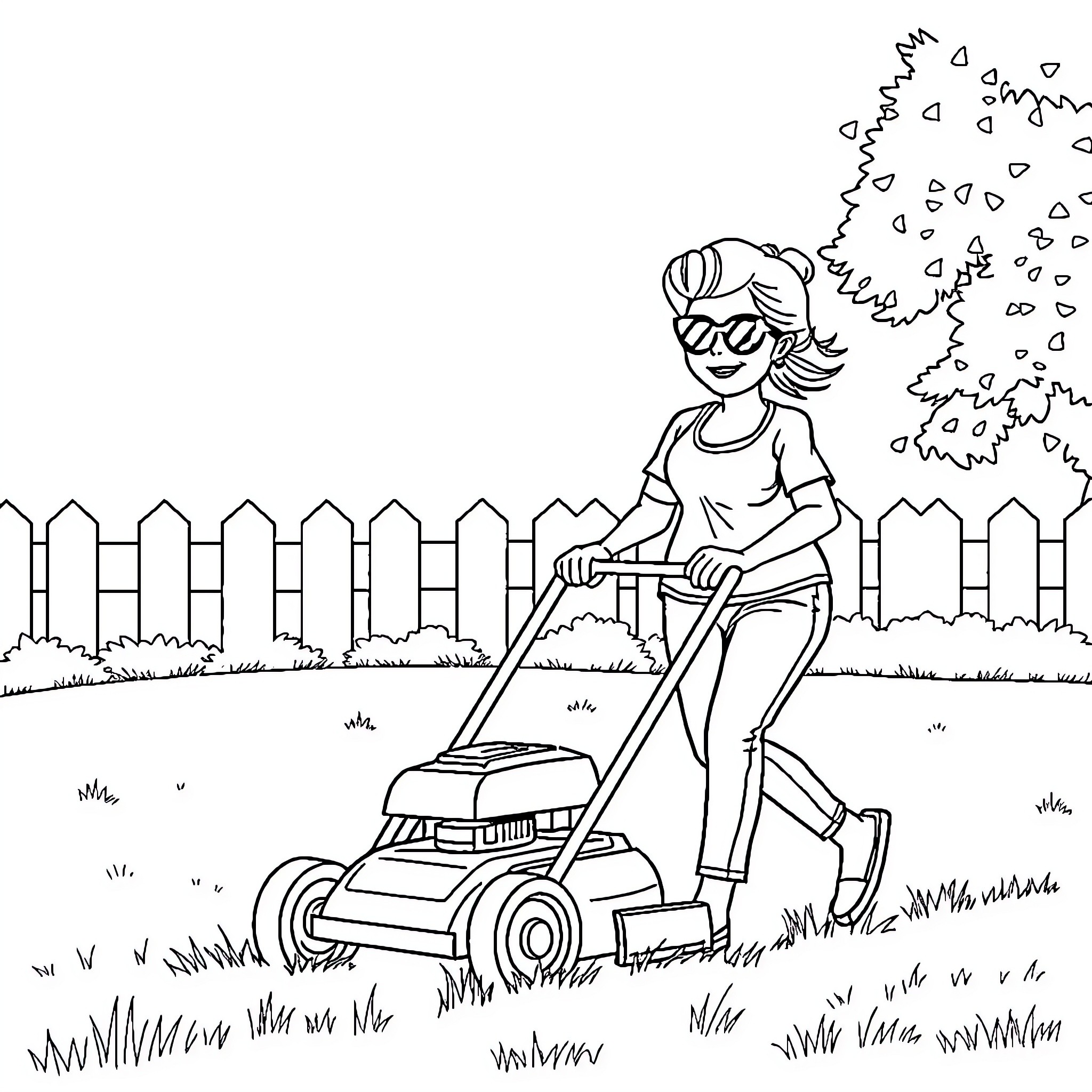 Woman mowing the lawn with determination Coloring Page (free black-and-white line drawing printable PDF for all, from beginners to advanced learners, including children, teens, adults, and seniors)