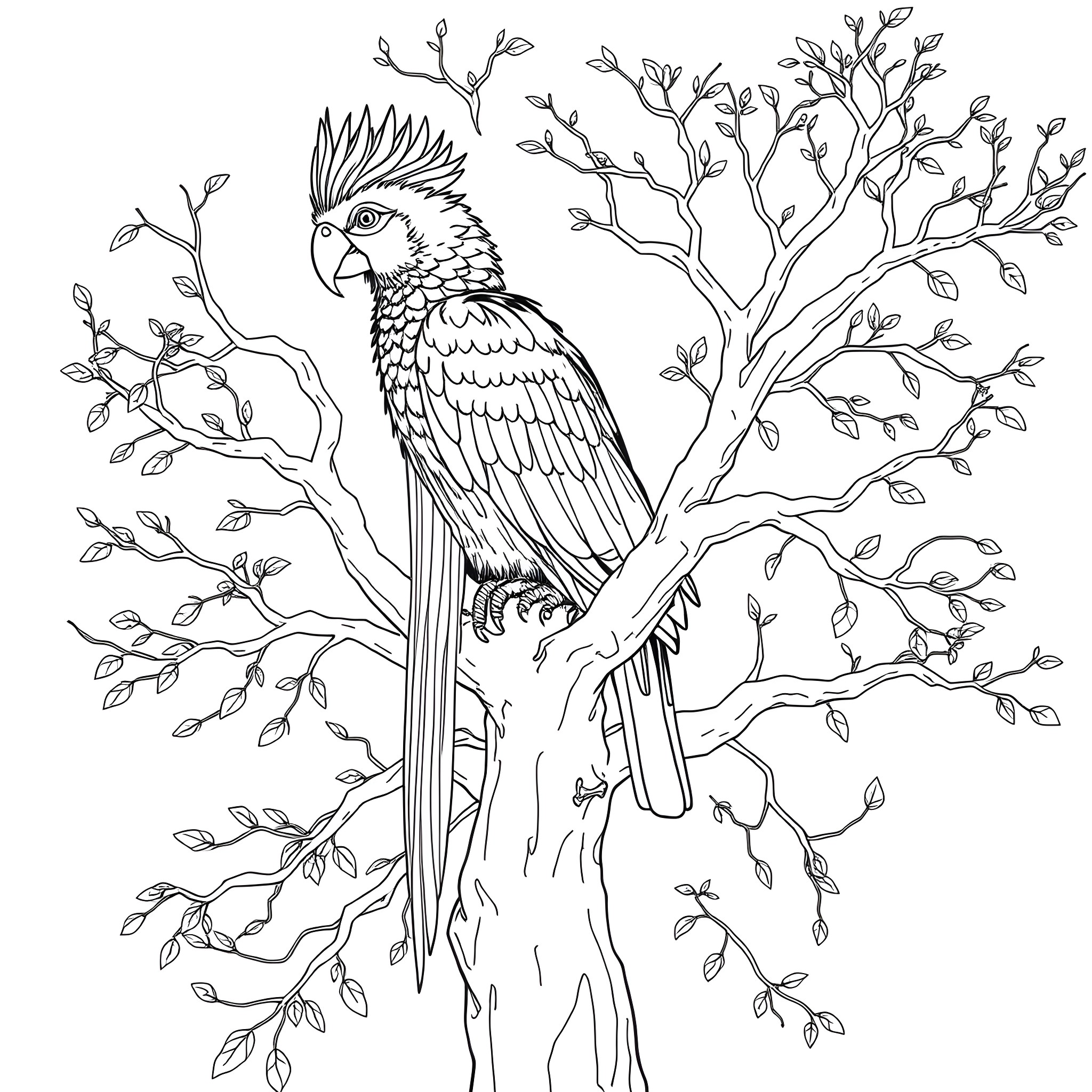 Amandava parrot perched on a tree branch Coloring Page (free black-and-white line drawing printable PDF for all, from beginners to advanced learners, including children, teens, adults, and seniors)