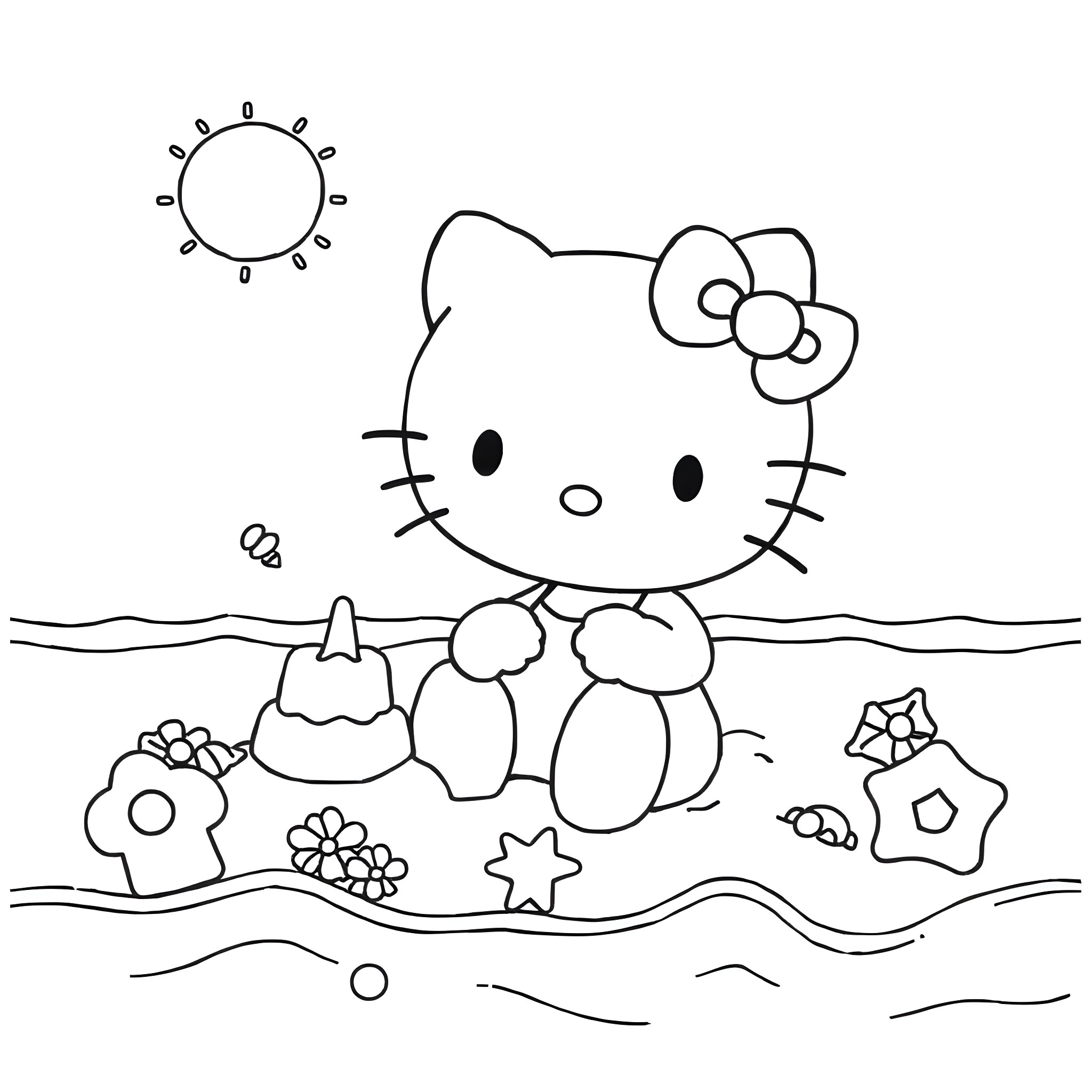 Hello Kitty playing with seashells on the beach Coloring Page (free black-and-white line drawing printable PDF for all, from beginners to advanced learners, including children, teens, adults, and seniors)