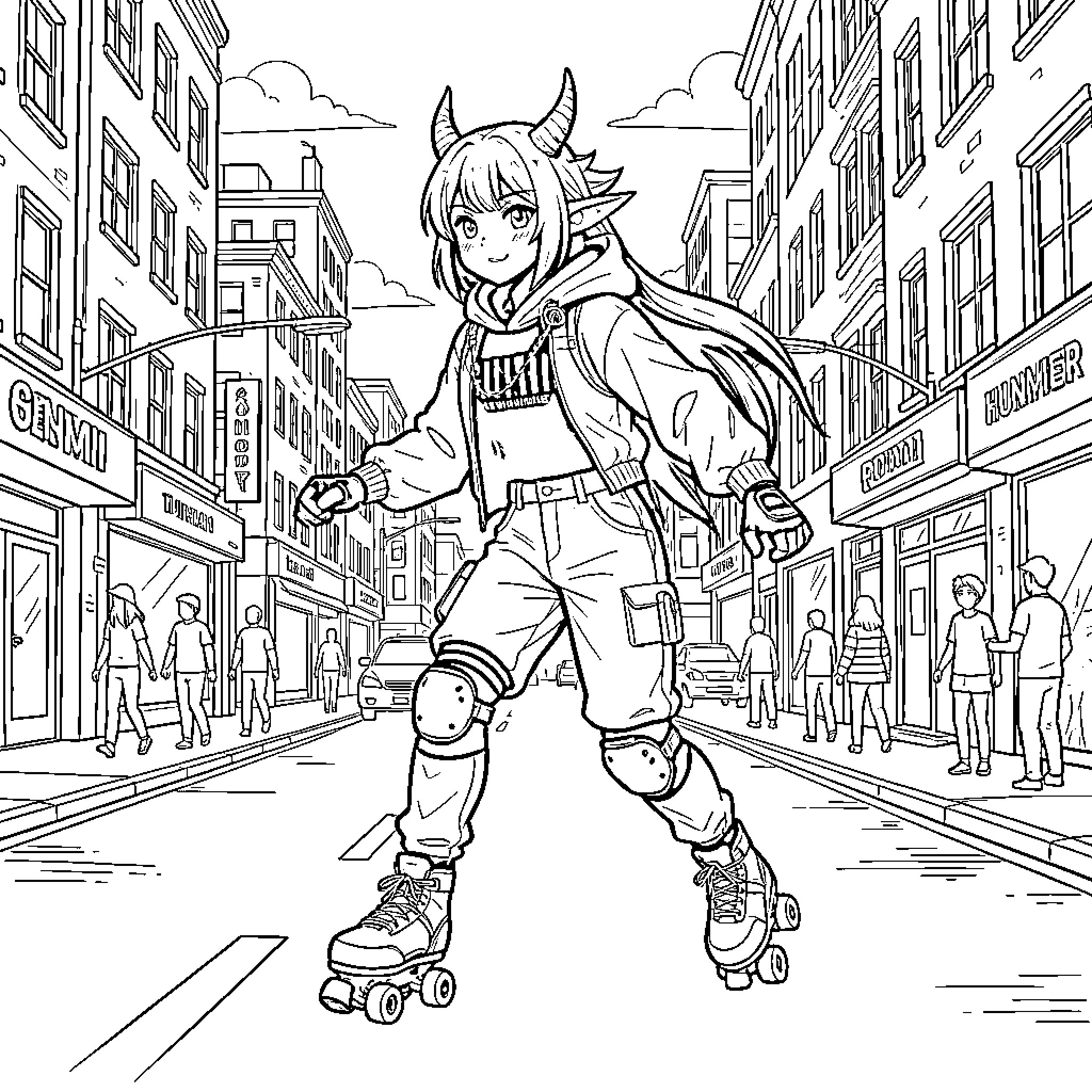 Rumii roller skating through a busy city street Coloring Page (free black-and-white line drawing printable PDF for all, from beginners to advanced learners, including children, teens, adults, and seniors)