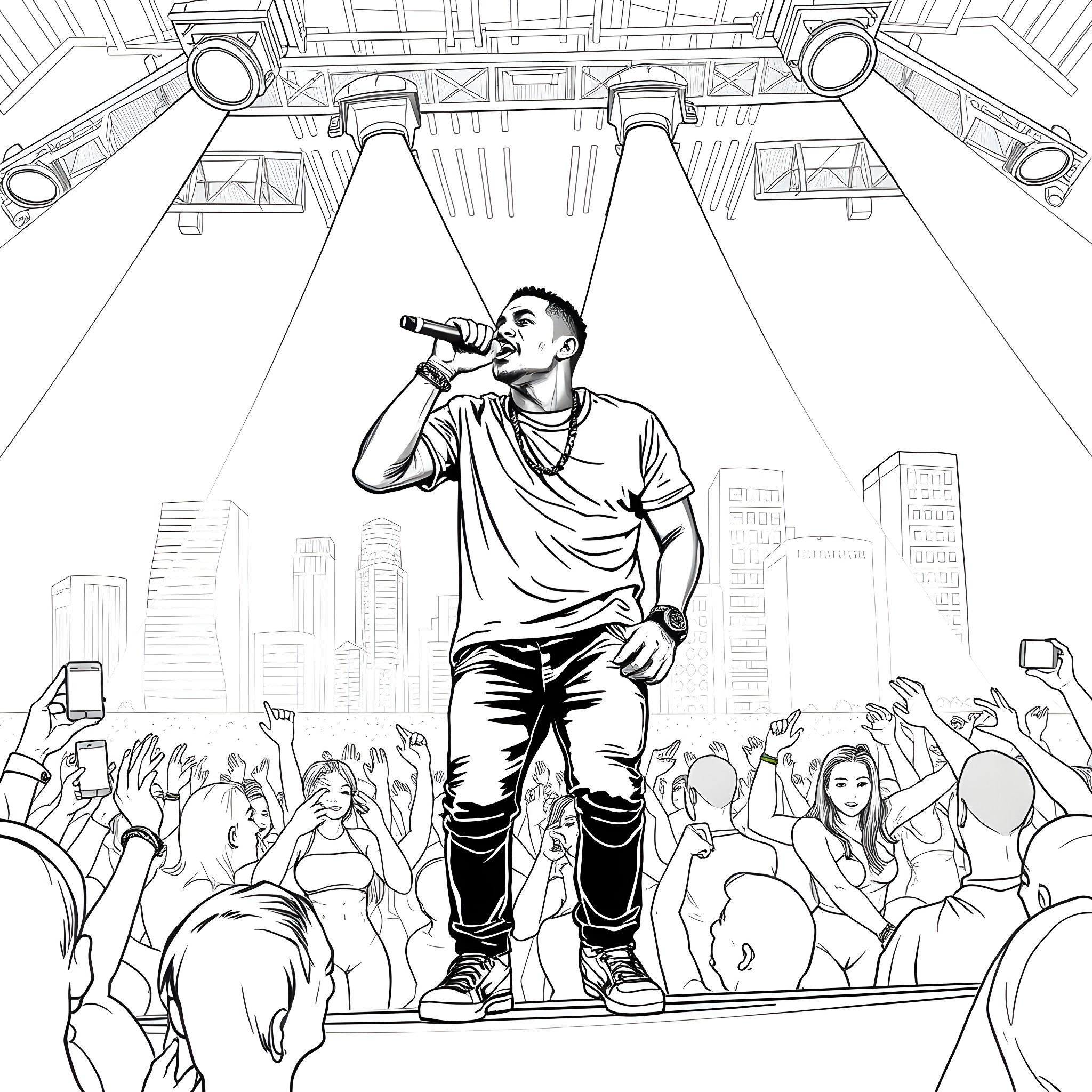 Chris Brown Performing on Stage with Cheering Crowd Coloring Page (free black-and-white line drawing printable PDF for all, from beginners to advanced learners, including children, teens, adults, and seniors)