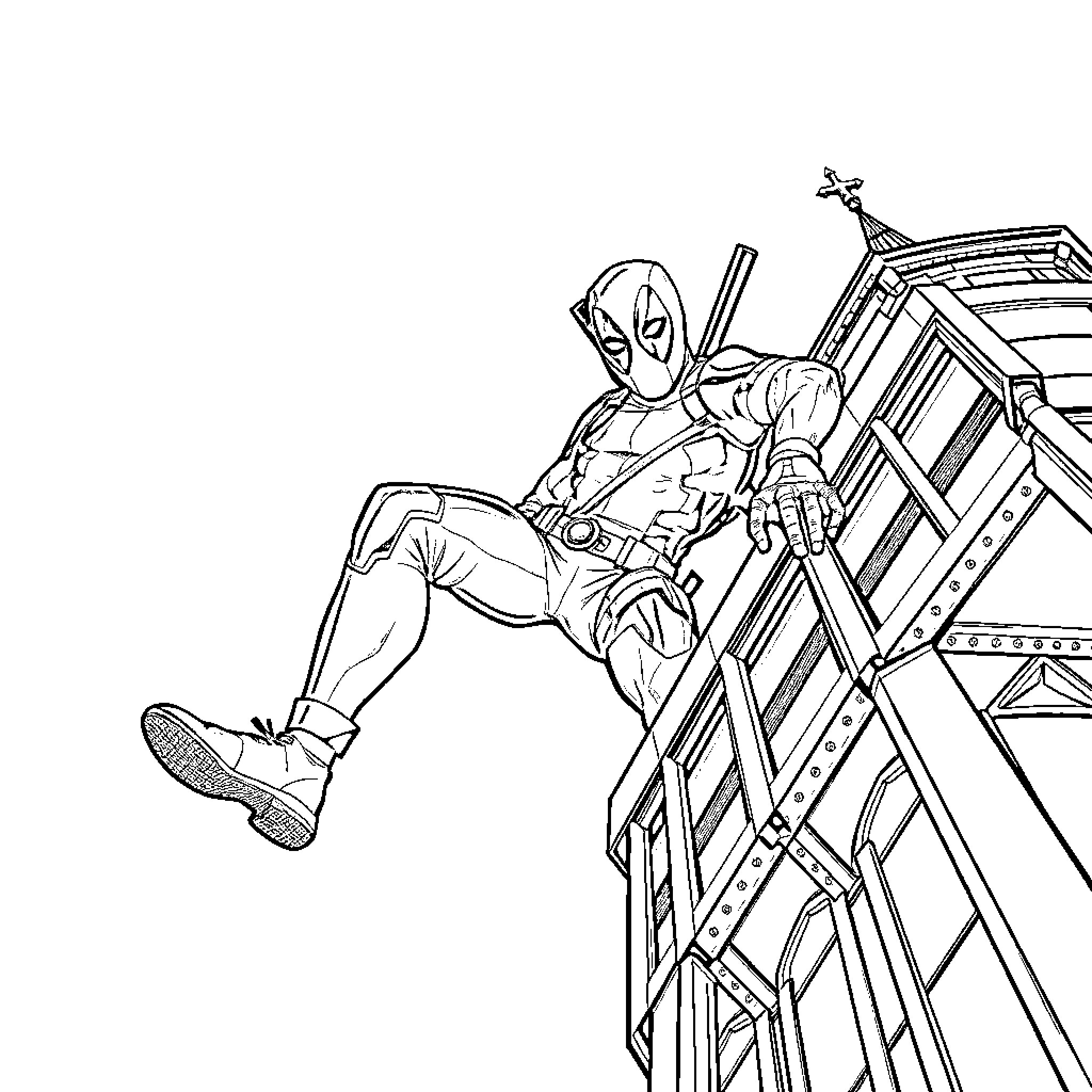 Deadpool leaping into action from a scaffolding Coloring Page (free black-and-white line drawing printable PDF for all, from beginners to advanced learners, including children, teens, adults, and seniors)