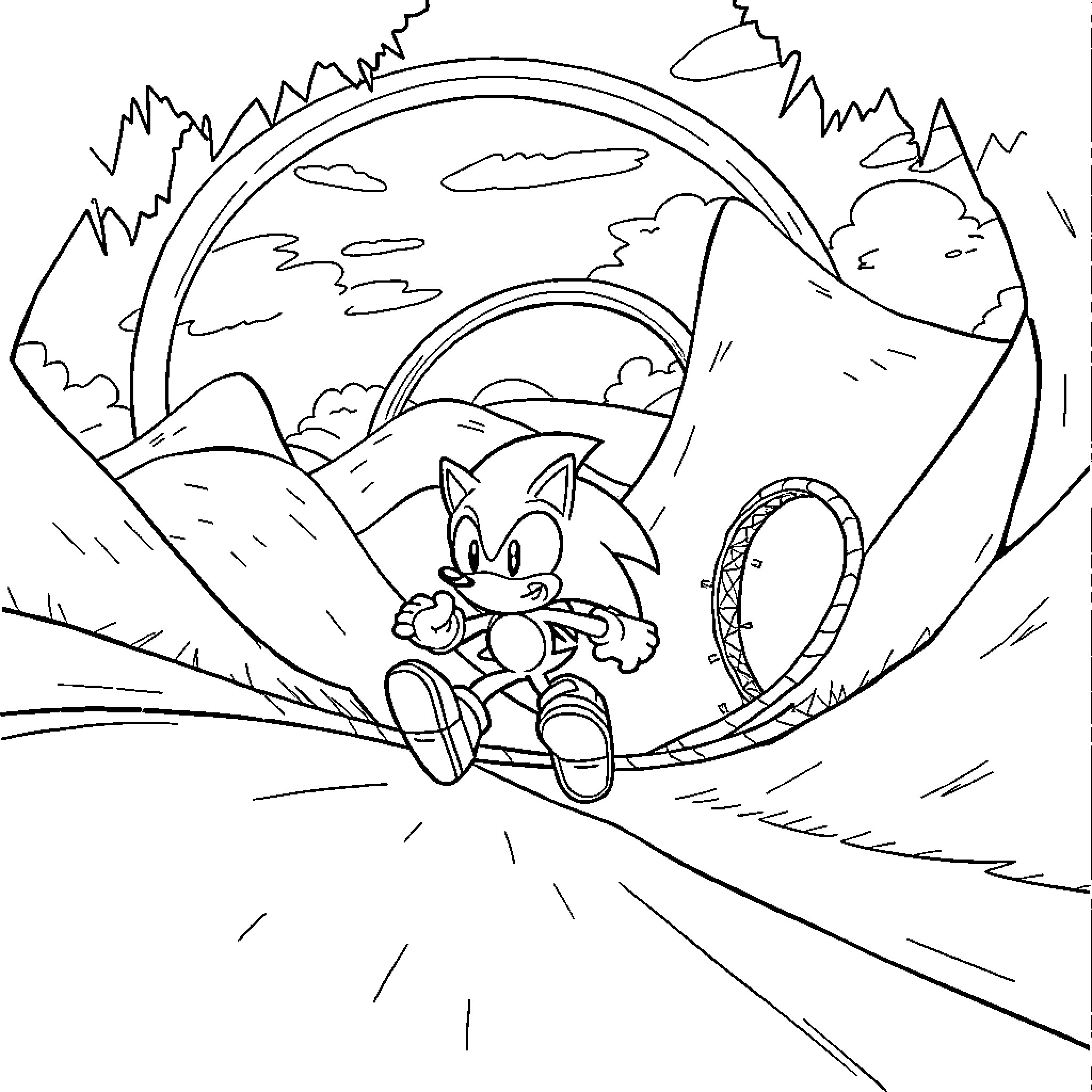 Sonic running through the scenic landscape Coloring Page (free black-and-white line drawing printable PDF for all, from beginners to advanced learners, including children, teens, adults, and seniors)