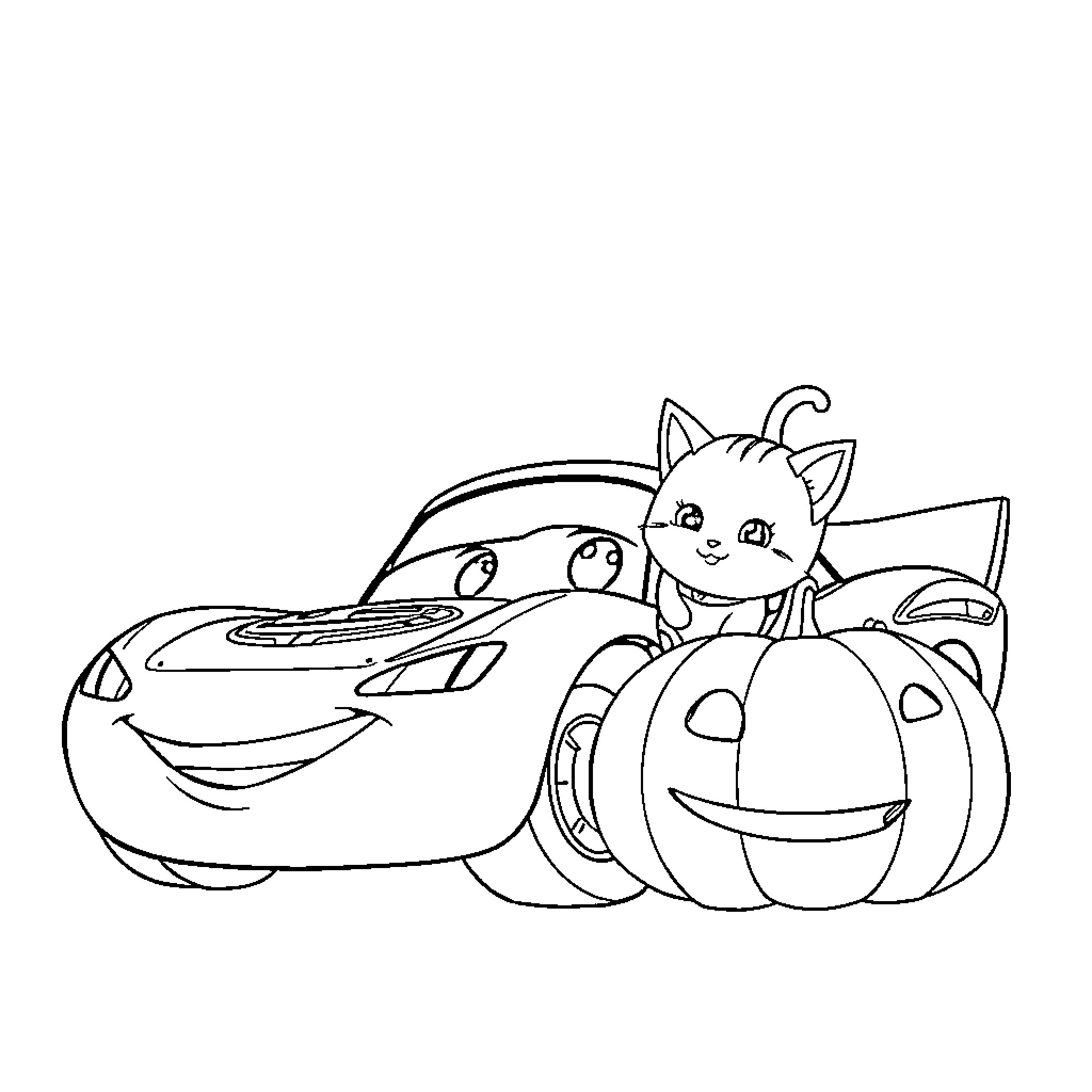 Lightning McQueen and cat explore Halloween pumpkins Coloring Page (free black-and-white line drawing printable PDF for all, from beginners to advanced learners, including children, teens, adults, and seniors)
