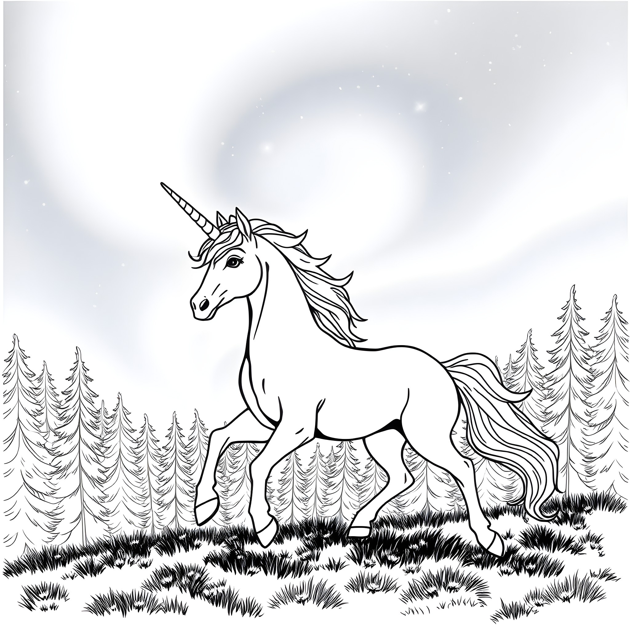 Unicorn in a magical forest landscape Coloring Page (free black-and-white line drawing printable PDF for all, from beginners to advanced learners, including children, teens, adults, and seniors)