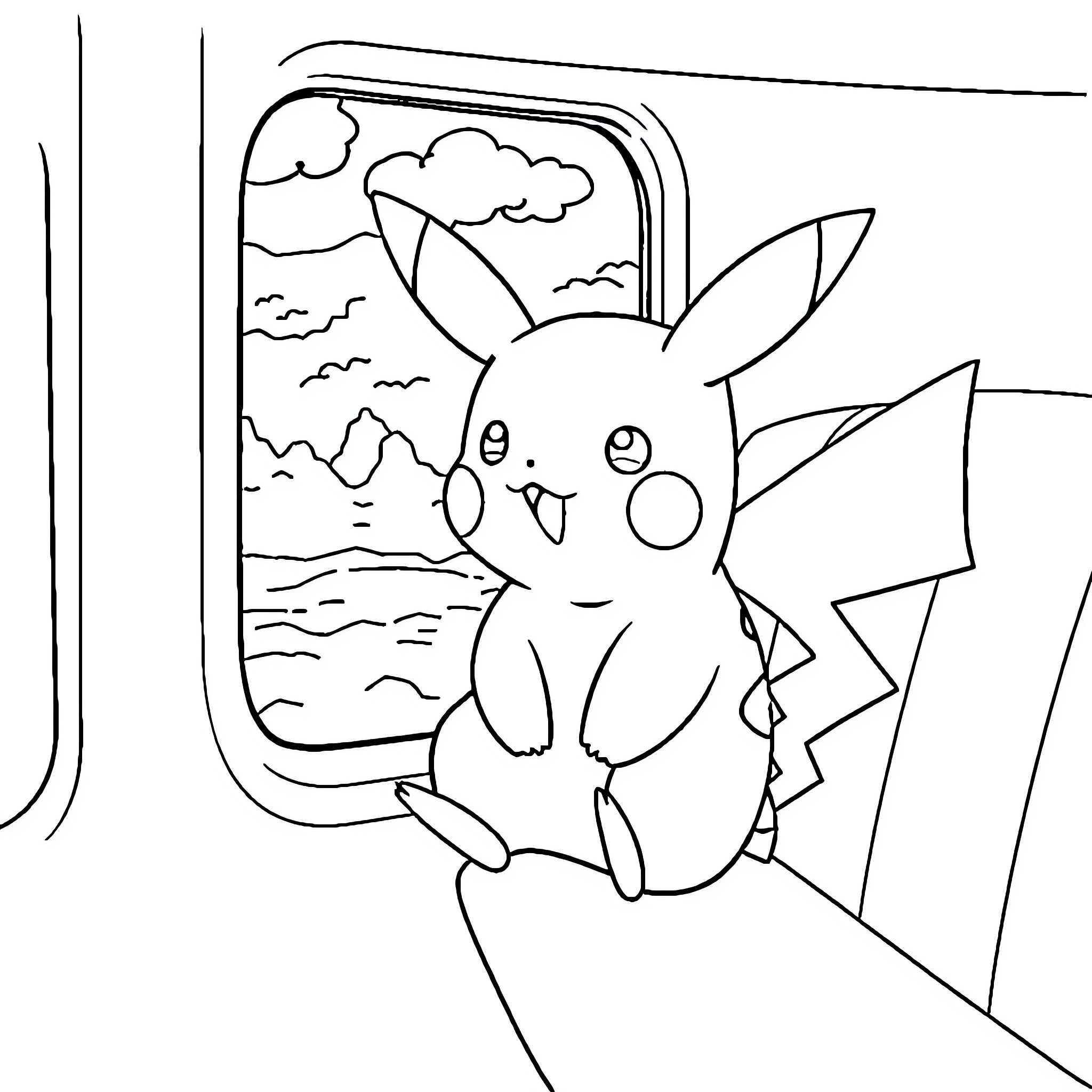 Pikachu enjoying the scenery through the window Coloring Page (free black-and-white line drawing printable PDF for all, from beginners to advanced learners, including children, teens, adults, and seniors)