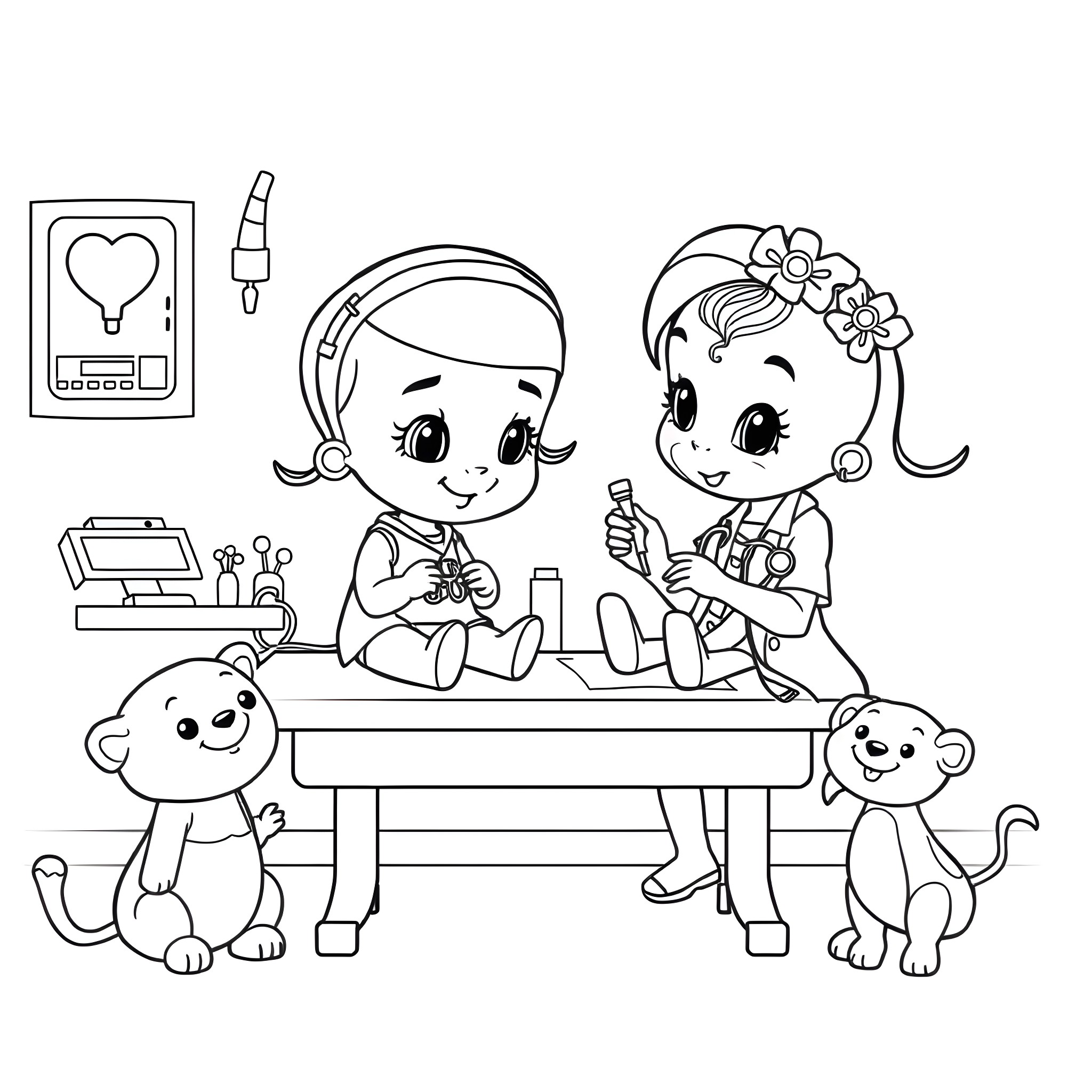 Bluey and friends playing together happily Coloring Page (free black-and-white line drawing printable PDF for all, from beginners to advanced learners, including children, teens, adults, and seniors)