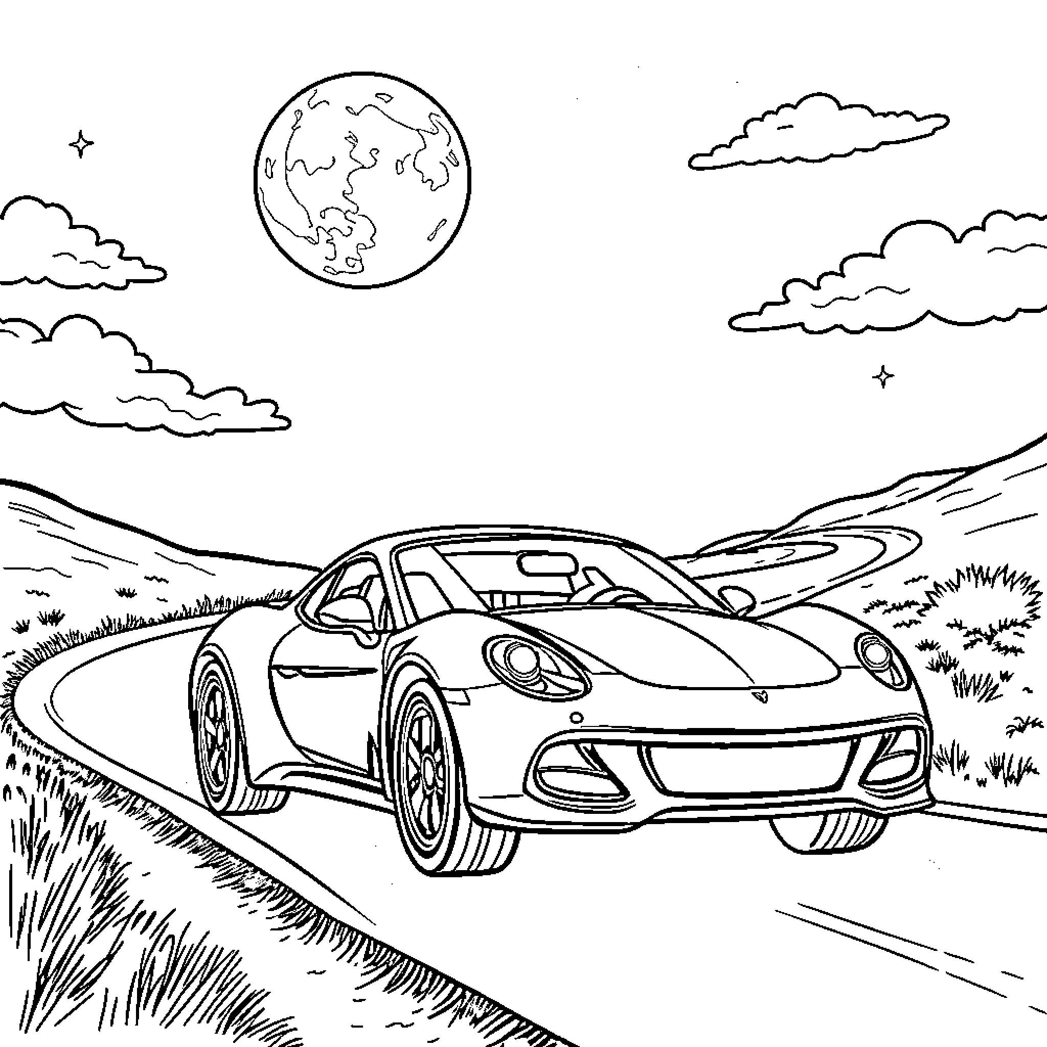 Moon Shines on Sports Car on Winding Road Coloring Page (free black-and-white line drawing printable PDF for all, from beginners to advanced learners, including children, teens, adults, and seniors)