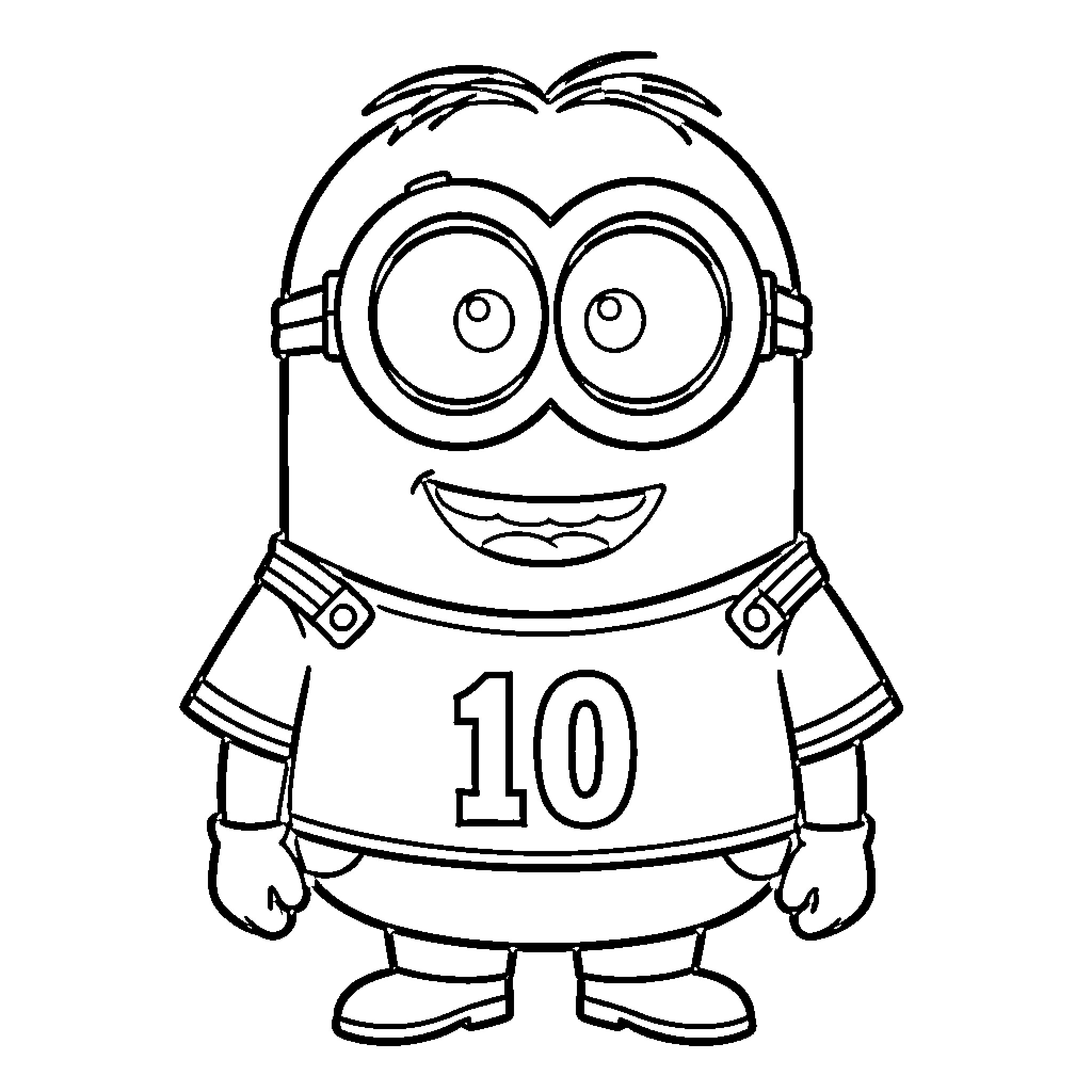 Minion wearing a sports jersey and smiling happily Coloring Page (free black-and-white line drawing printable PDF for all, from beginners to advanced learners, including children, teens, adults, and seniors)