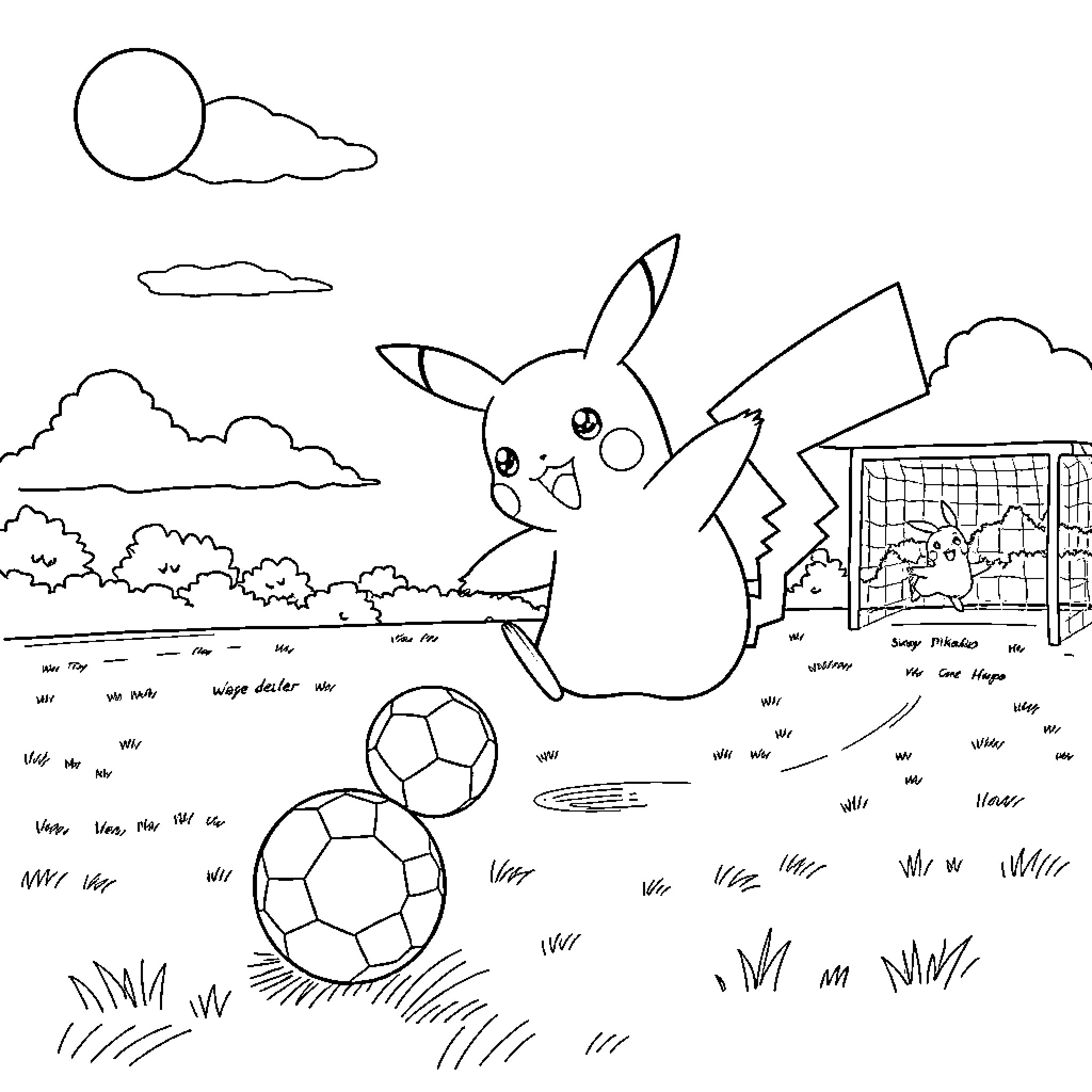 Pikachu playing with soccer balls in the park Coloring Page (free black-and-white line drawing printable PDF for all, from beginners to advanced learners, including children, teens, adults, and seniors)