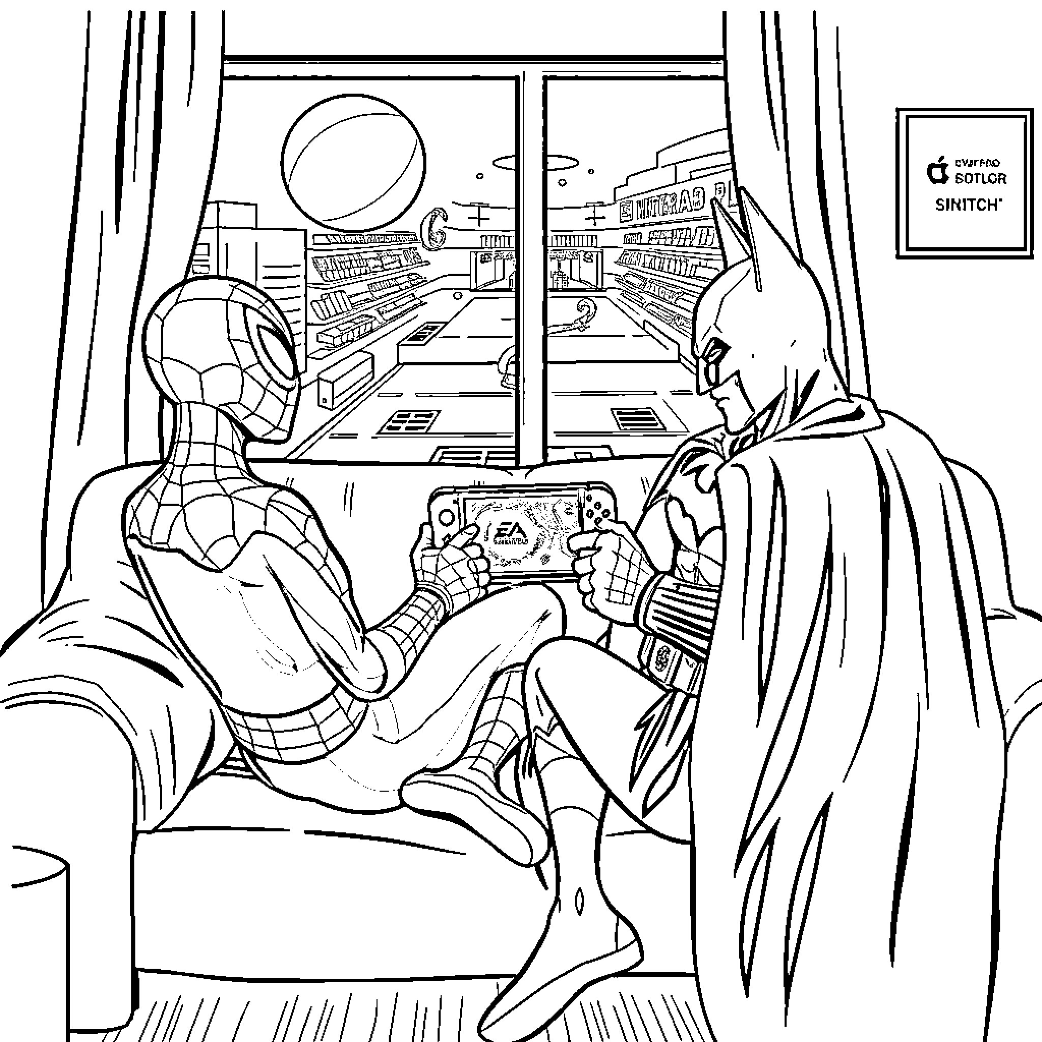 Spiderman playing video games with Batman Coloring Page (free black-and-white line drawing printable PDF for all, from beginners to advanced learners, including children, teens, adults, and seniors)