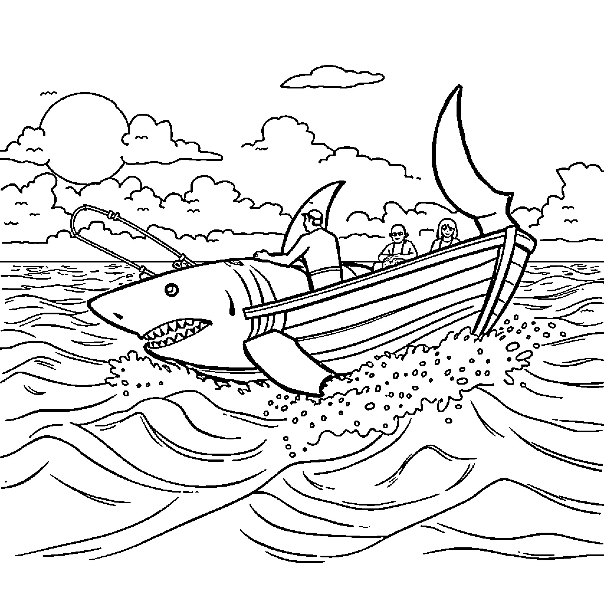 Shark chasing a boat with passengers in open water Coloring Page (free black-and-white line drawing printable PDF for all, from beginners to advanced learners, including children, teens, adults, and seniors)