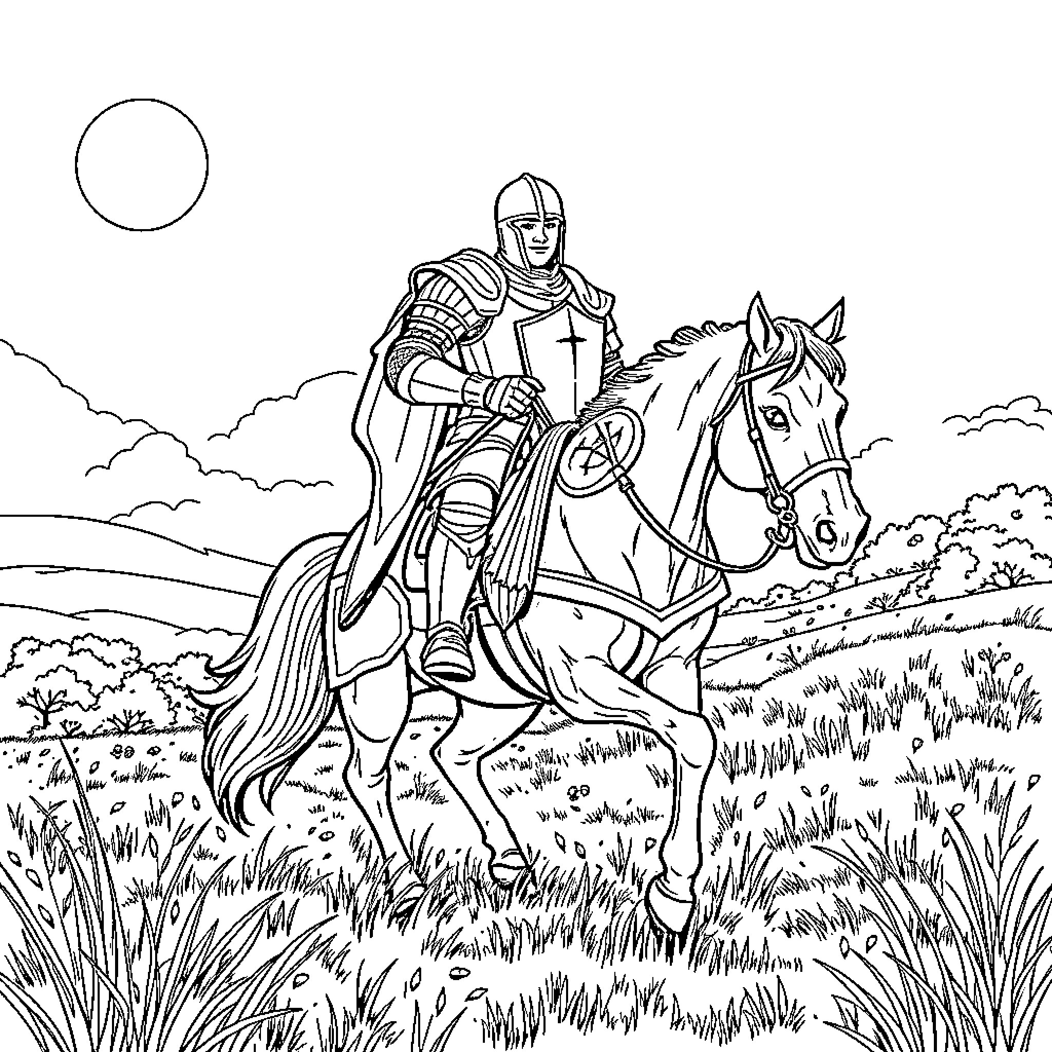 Knight on Horseback in Serene Landscape Coloring Page (free black-and-white line drawing printable PDF for all, from beginners to advanced learners, including children, teens, adults, and seniors)