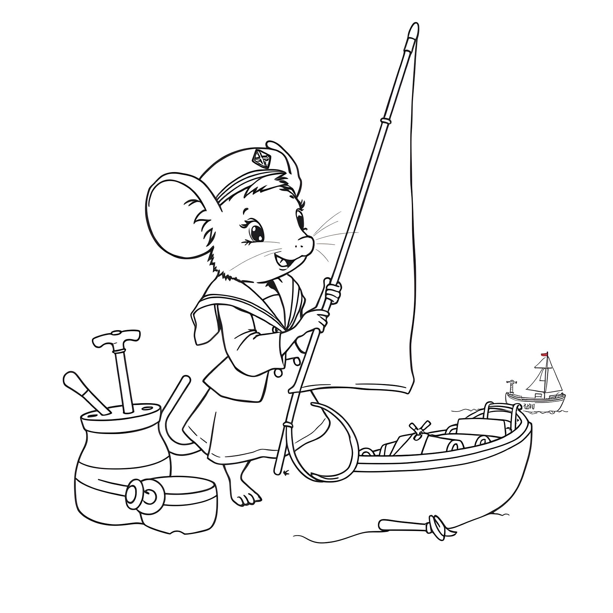 Mouse Fishing with Fishing Rod and Boat Coloring Page (free black-and-white line drawing printable PDF for all, from beginners to advanced learners, including children, teens, adults, and seniors)