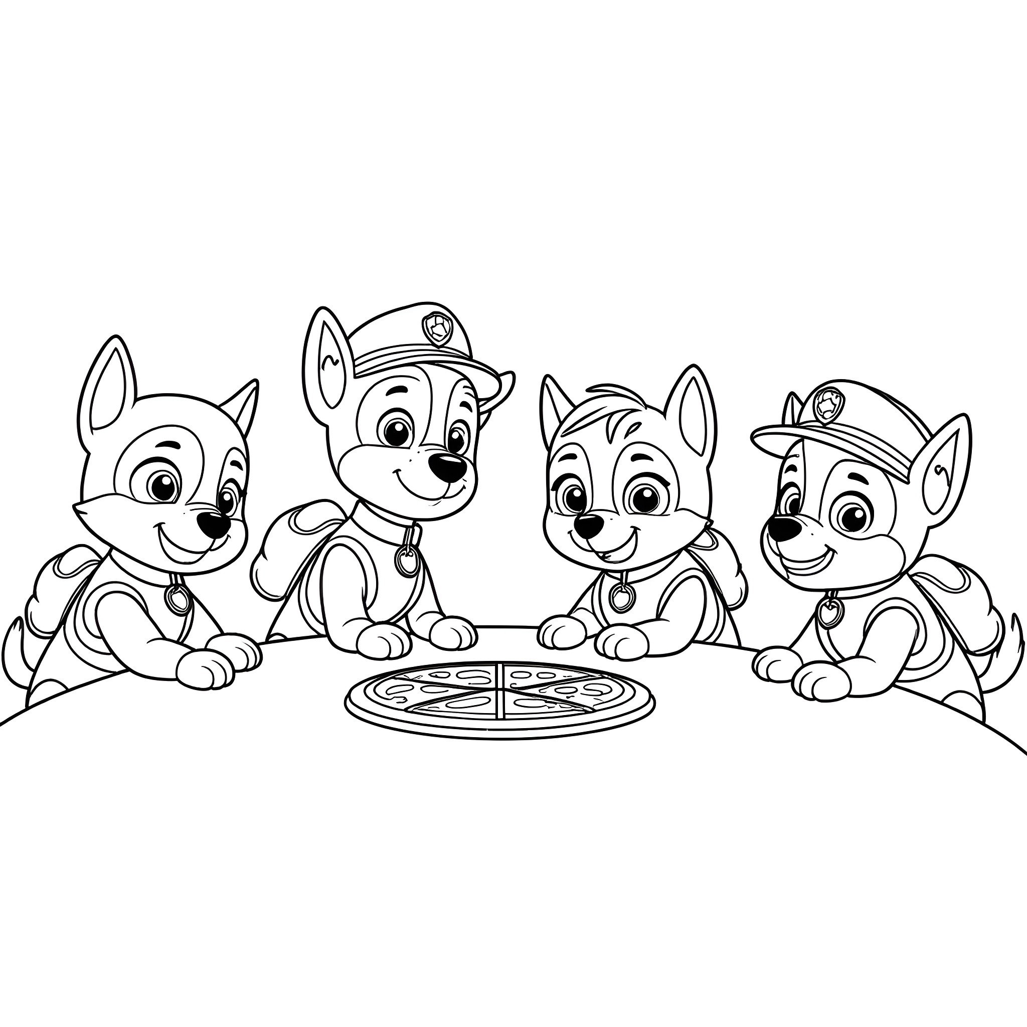 Paw Patrol puppies having fun with pizza Coloring Page (free black-and-white line drawing printable PDF for all, from beginners to advanced learners, including children, teens, adults, and seniors)