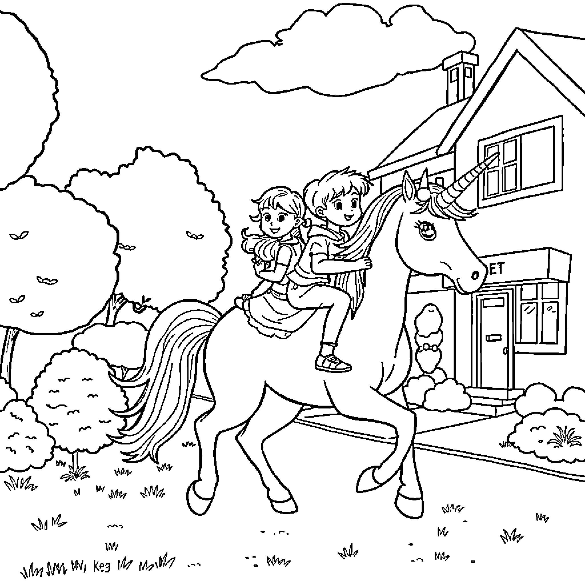 Unicorn riding with two children through the countryside Coloring Page (free black-and-white line drawing printable PDF for all, from beginners to advanced learners, including children, teens, adults, and seniors)