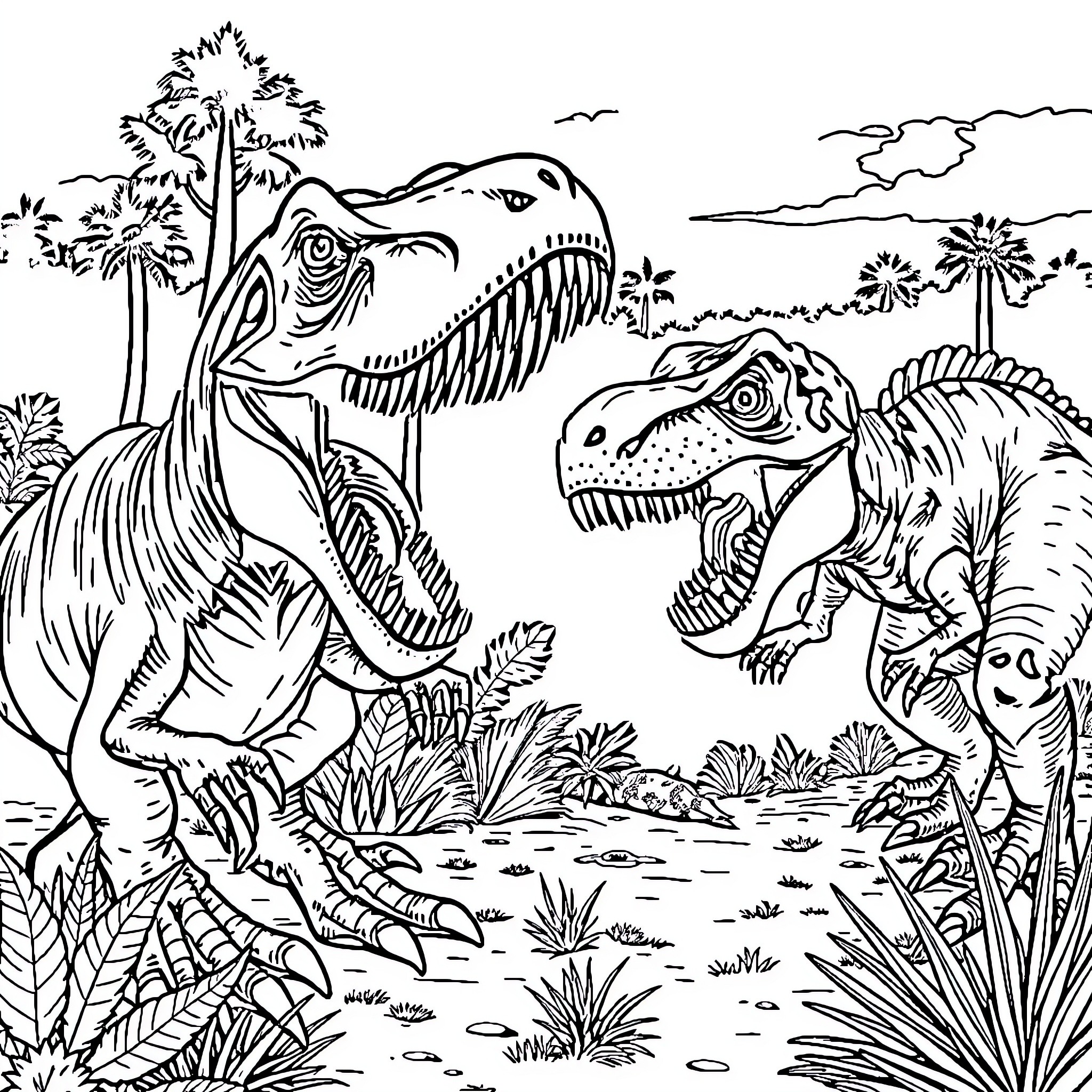 Spinosaurus confronting fierce dinosaurs in prehistoric landscape Coloring Page (free black-and-white line drawing printable PDF for all, from beginners to advanced learners, including children, teens, adults, and seniors)