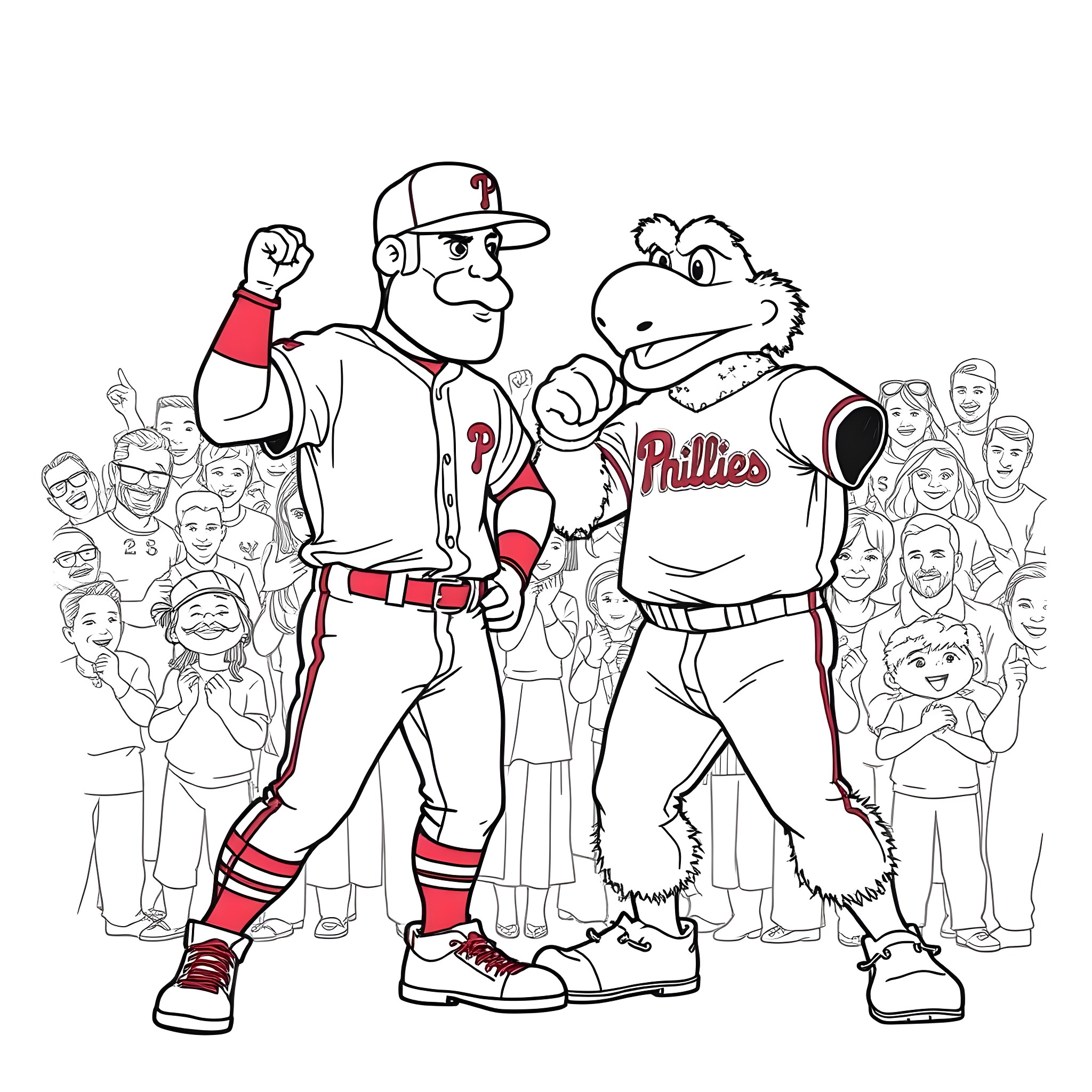 Bryce Harper and the Phillies mascot entertaining the crowd Coloring Page (free black-and-white line drawing printable PDF for all, from beginners to advanced learners, including children, teens, adults, and seniors)