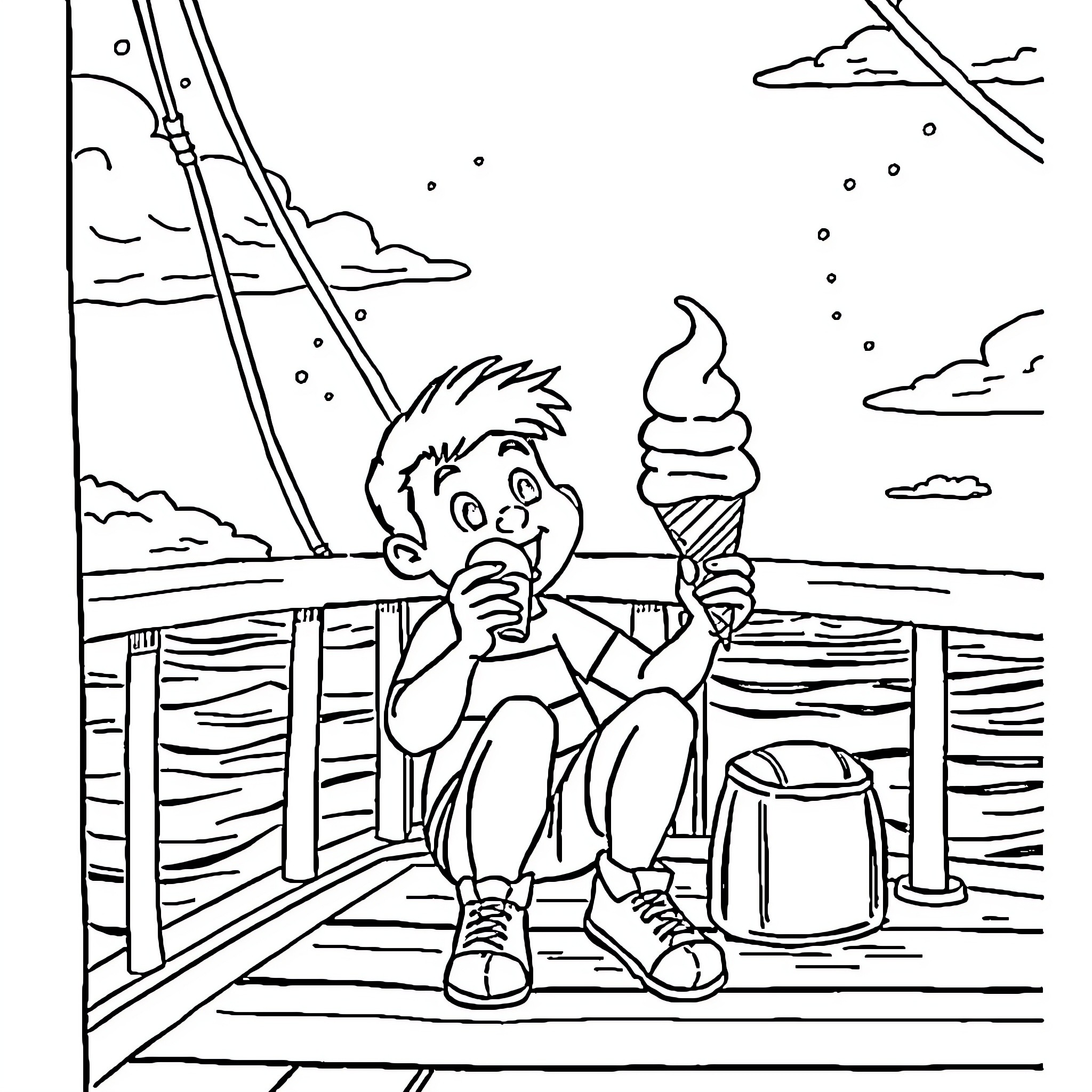 Ship with Boy Enjoying Ice Cream on Deck Coloring Page (free black-and-white line drawing printable PDF for all, from beginners to advanced learners, including children, teens, adults, and seniors)