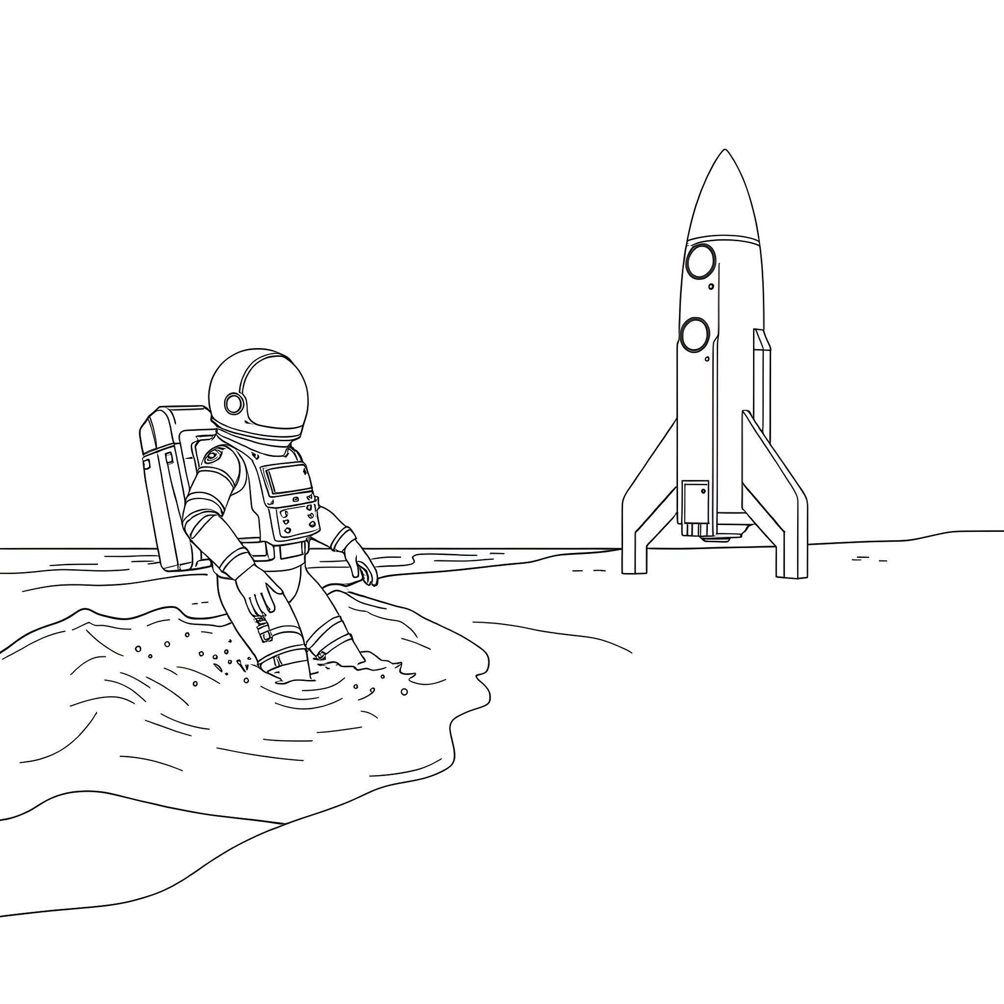 Astronaut exploring new terrain and rocket launch site Coloring Page (free black-and-white line drawing printable PDF for all, from beginners to advanced learners, including children, teens, adults, and seniors)