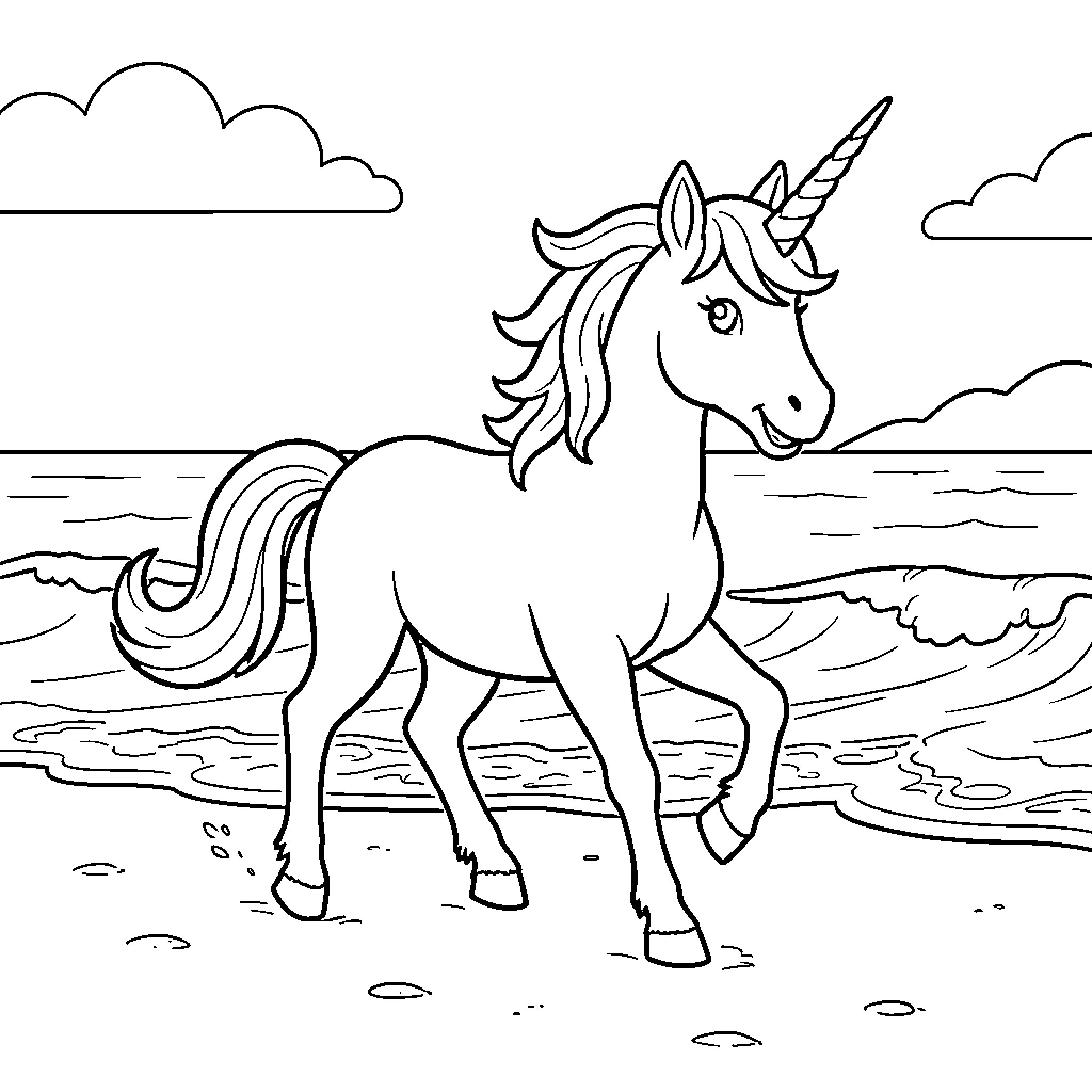 Unicorn walking gracefully along the sandy beach Coloring Page (free black-and-white line drawing printable PDF for all, from beginners to advanced learners, including children, teens, adults, and seniors)