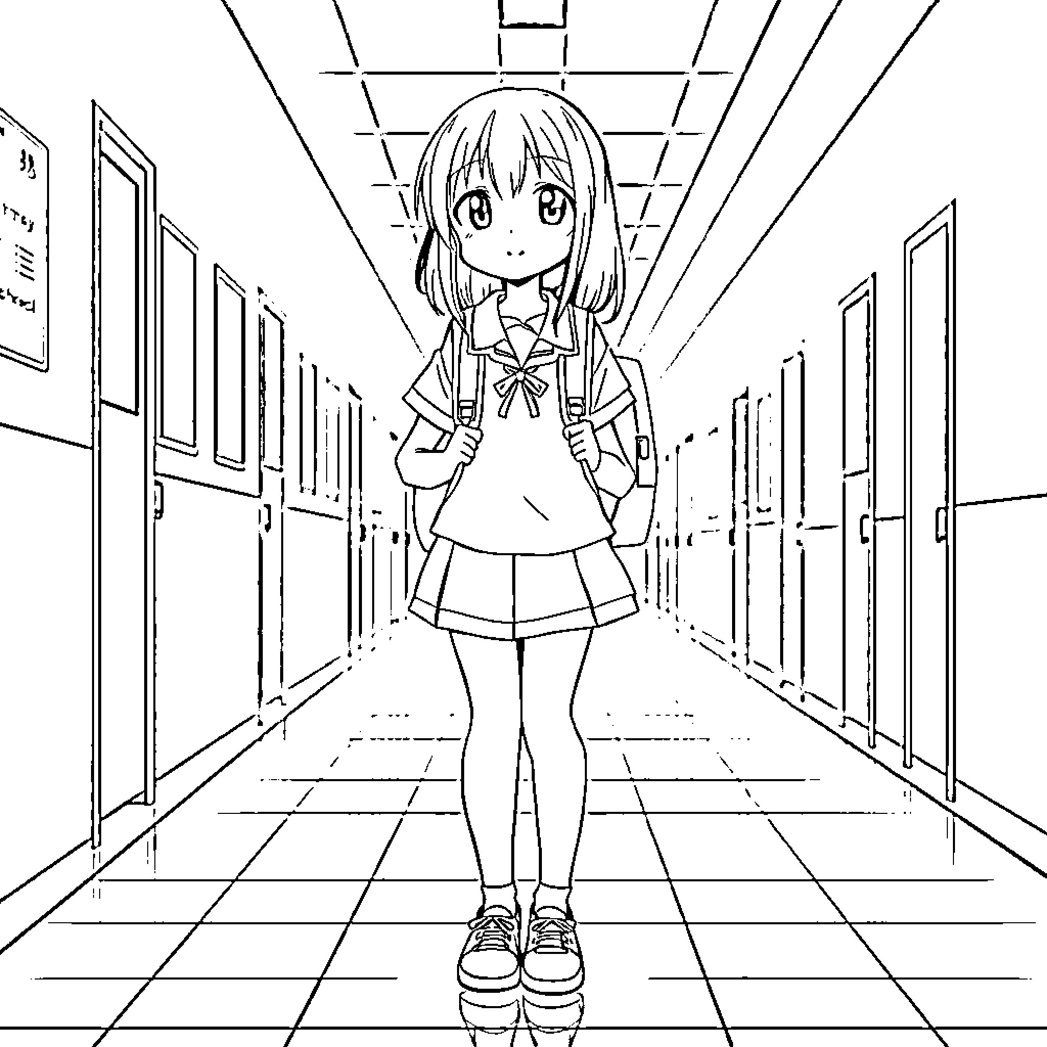 School Girl Anime Character in School Hallway Coloring Page (free black-and-white line drawing printable PDF for all, from beginners to advanced learners, including children, teens, adults, and seniors)