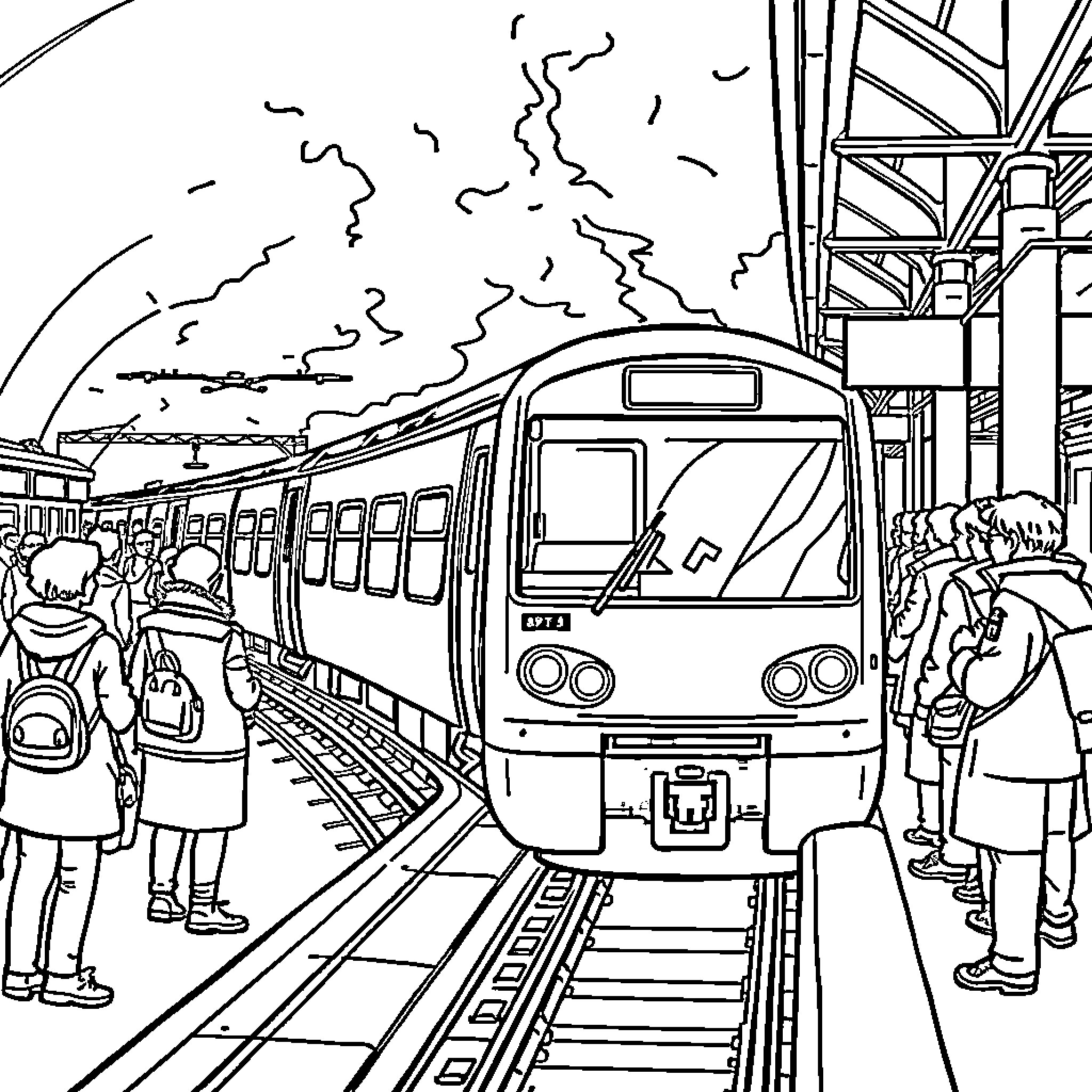 Train Passengers Waiting for Departure at the Station Coloring Page (free black-and-white line drawing printable PDF for all, from beginners to advanced learners, including children, teens, adults, and seniors)