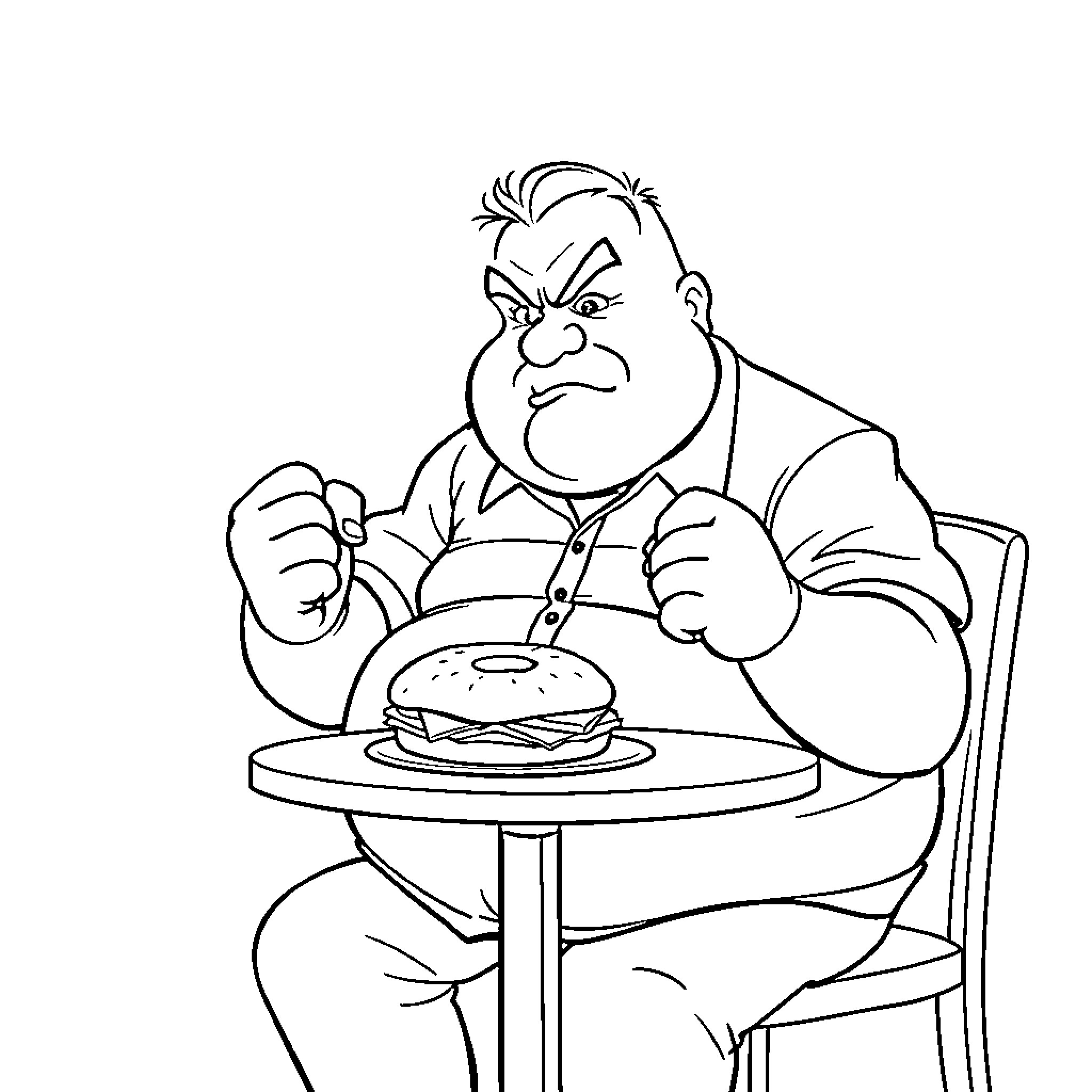 Writer enjoying a hearty burger in frustration Coloring Page (free black-and-white line drawing printable PDF for all, from beginners to advanced learners, including children, teens, adults, and seniors)