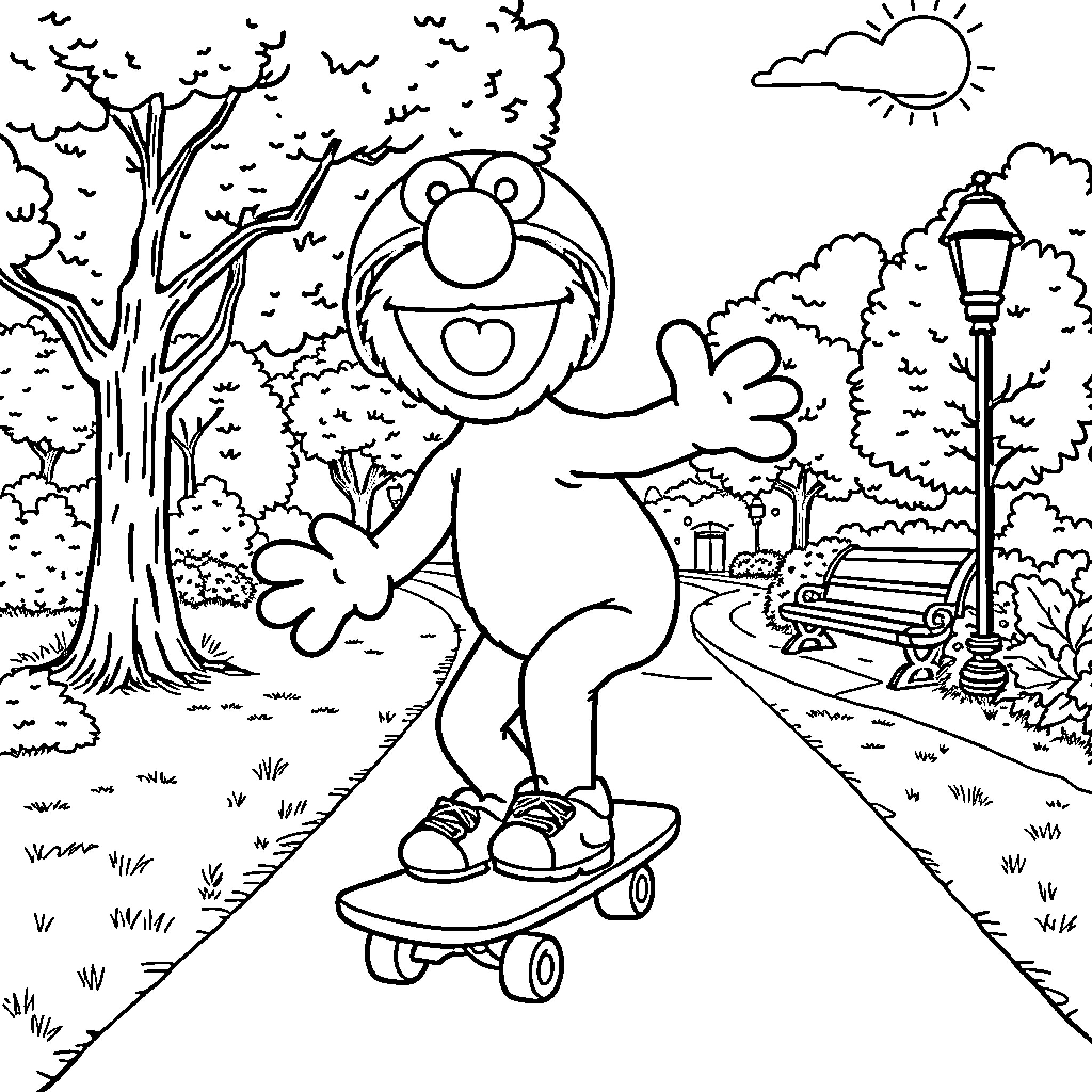 Elmo skateboarding in the park Coloring Page (free black-and-white line drawing printable PDF for all, from beginners to advanced learners, including children, teens, adults, and seniors)