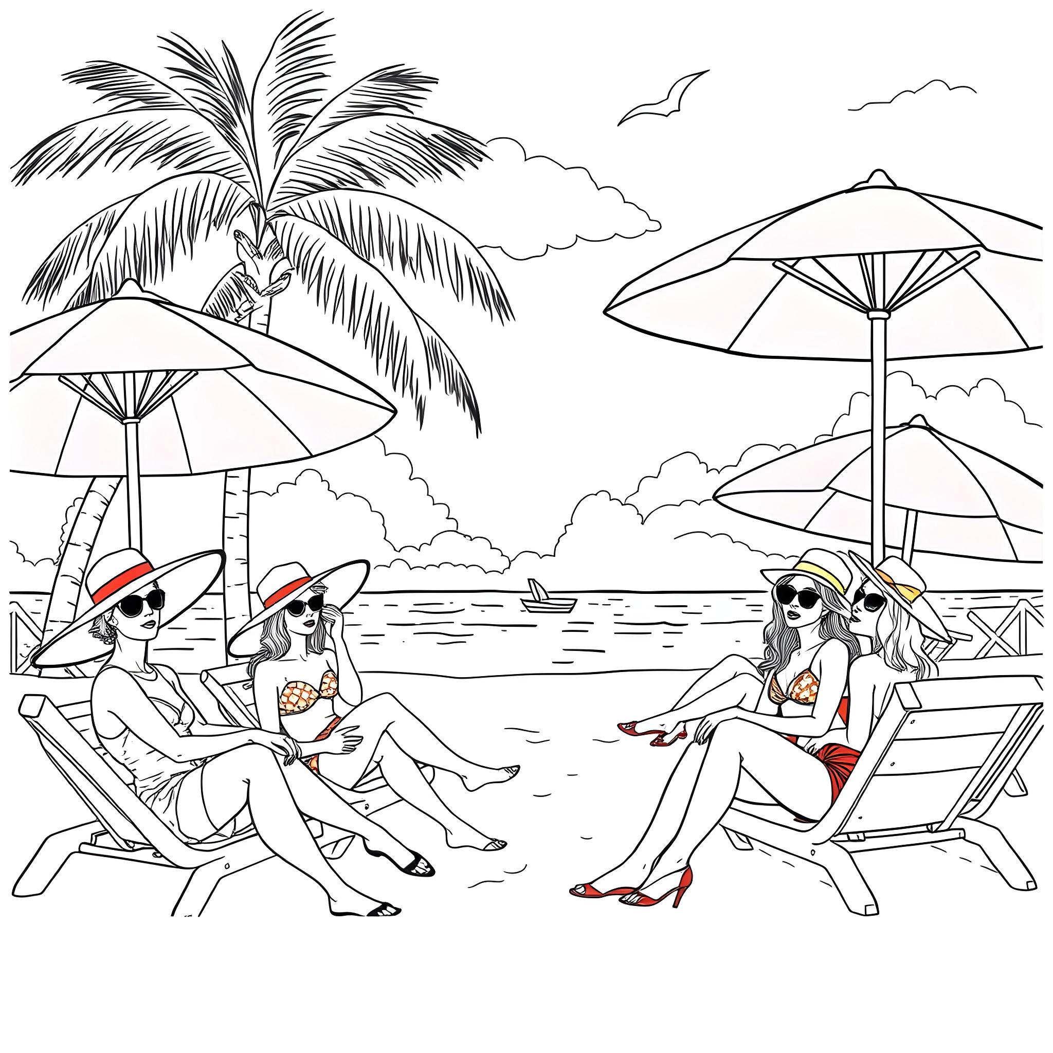 Women enjoying summer vacation by the beach Coloring Page (free black-and-white line drawing printable PDF for all, from beginners to advanced learners, including children, teens, adults, and seniors)