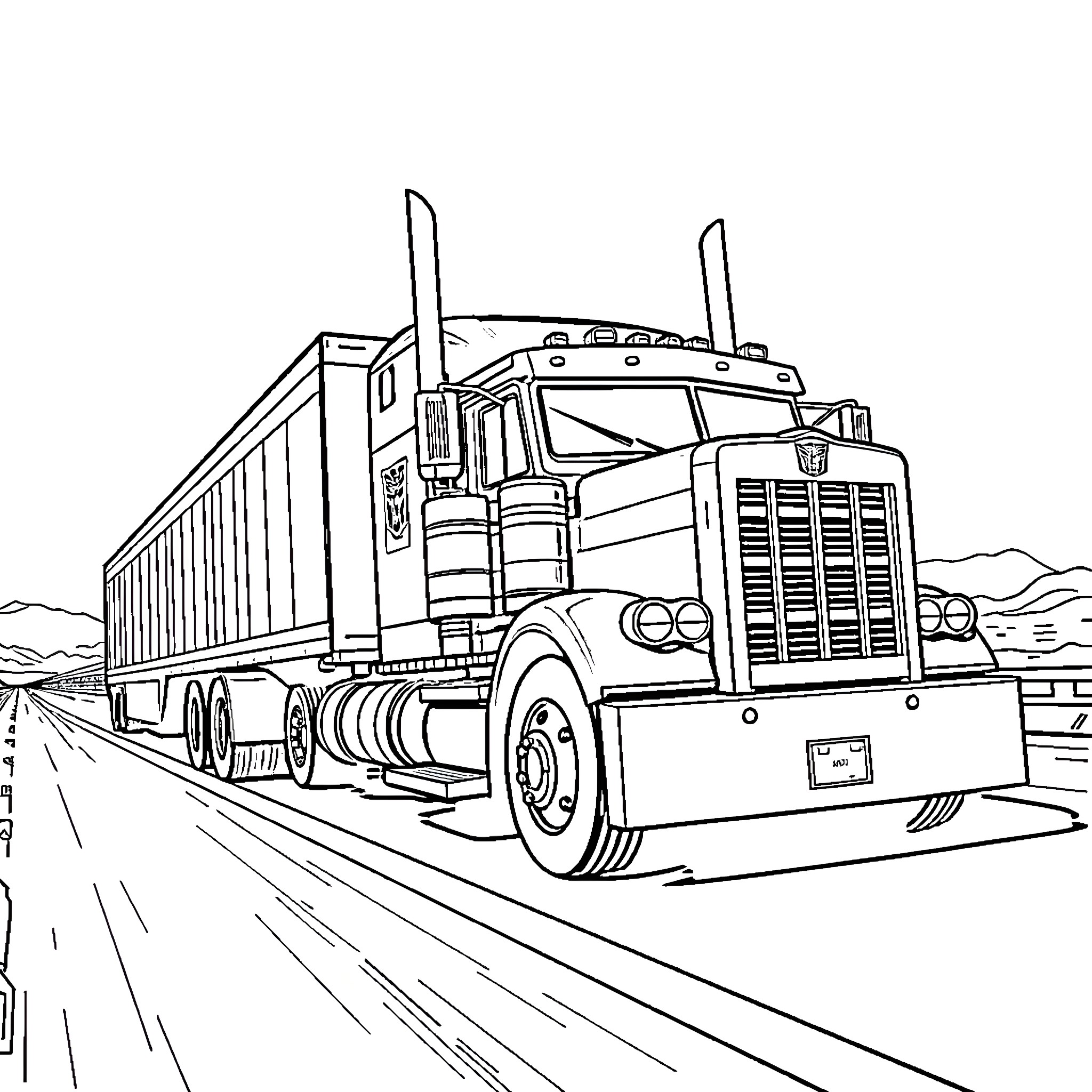 Optimus Prime's Mighty Semi-Truck on the Open Road Coloring Page (free black-and-white line drawing printable PDF for all, from beginners to advanced learners, including children, teens, adults, and seniors)