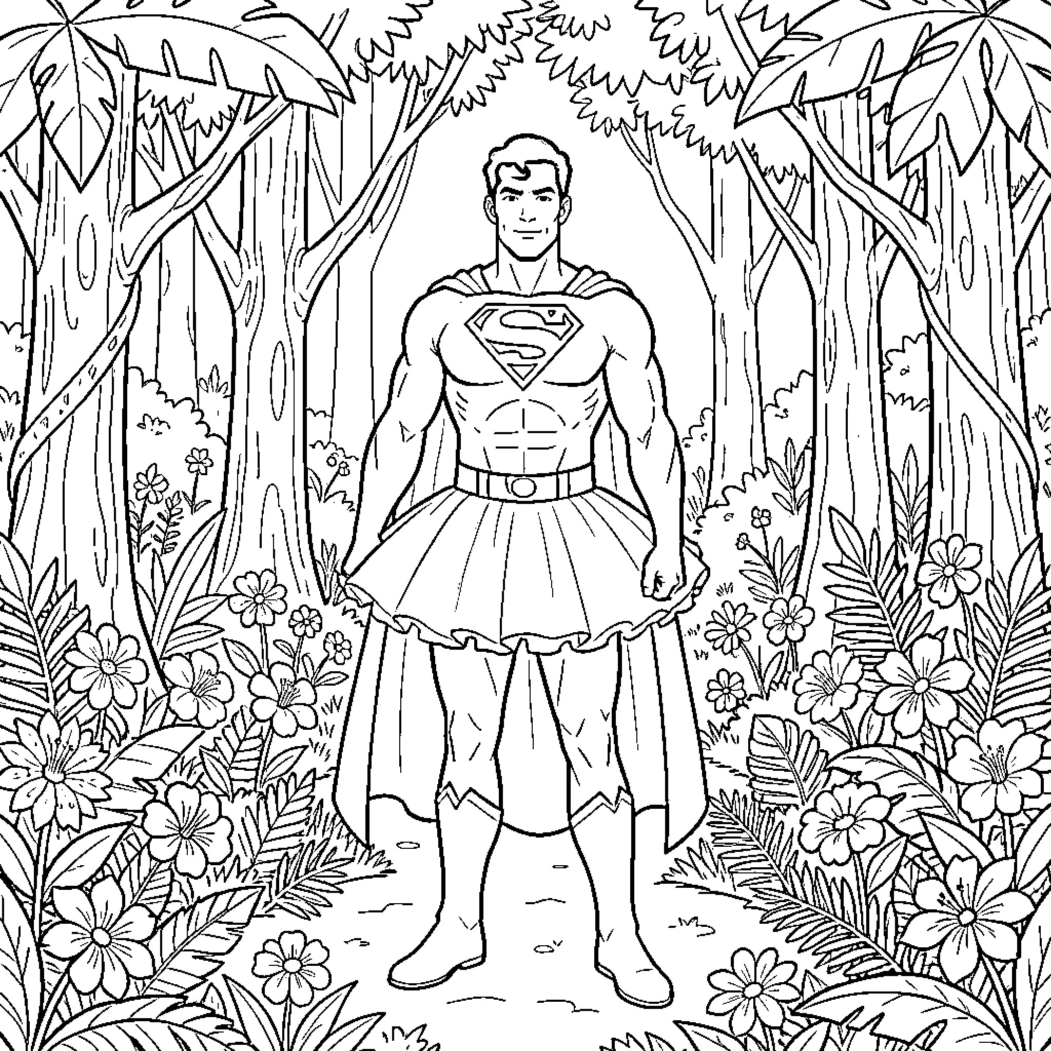 Superman in a magical forest surrounded by nature Coloring Page (free black-and-white line drawing printable PDF for all, from beginners to advanced learners, including children, teens, adults, and seniors)