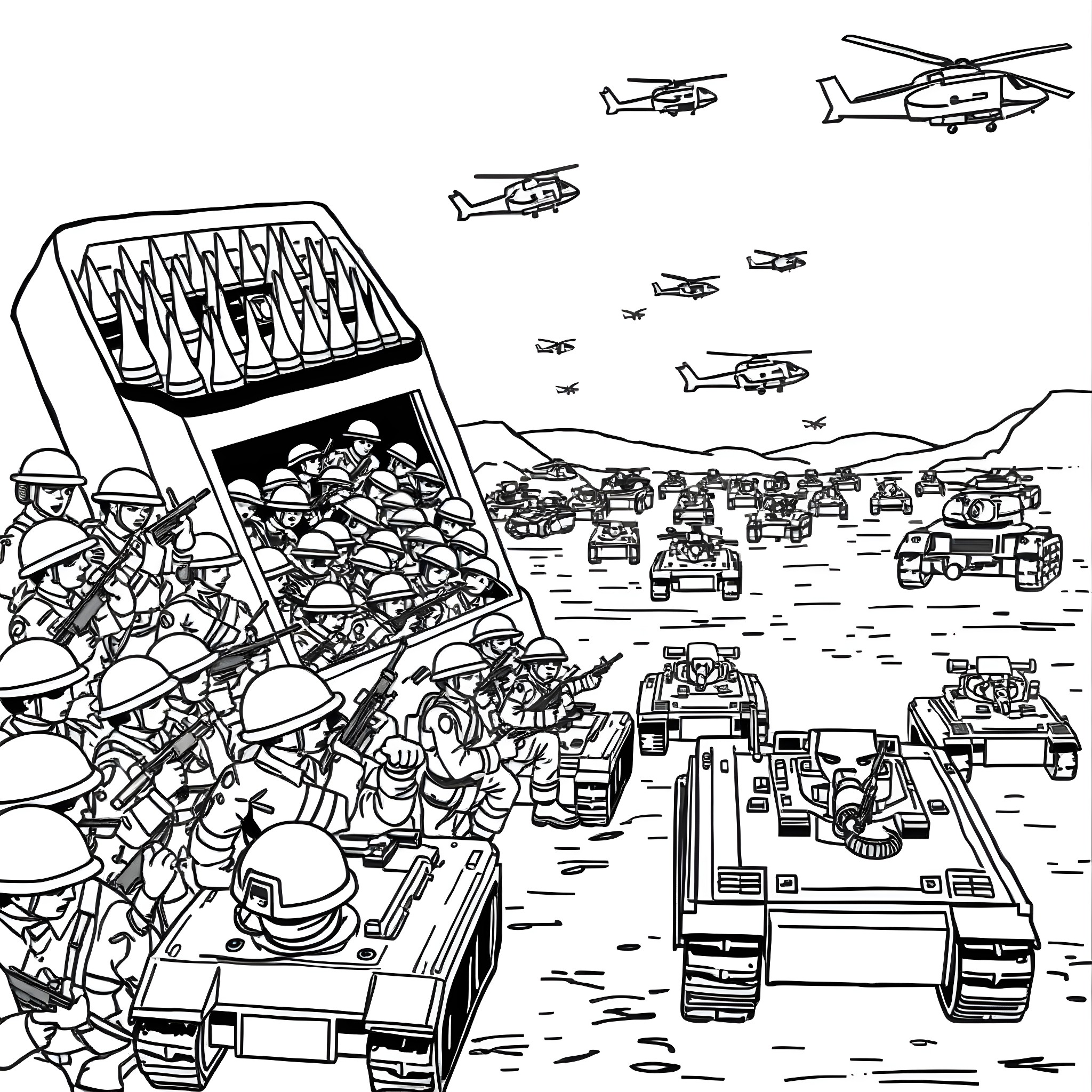 Marine Forces Mobilizing for Battle in the Field Coloring Page (free black-and-white line drawing printable PDF for all, from beginners to advanced learners, including children, teens, adults, and seniors)