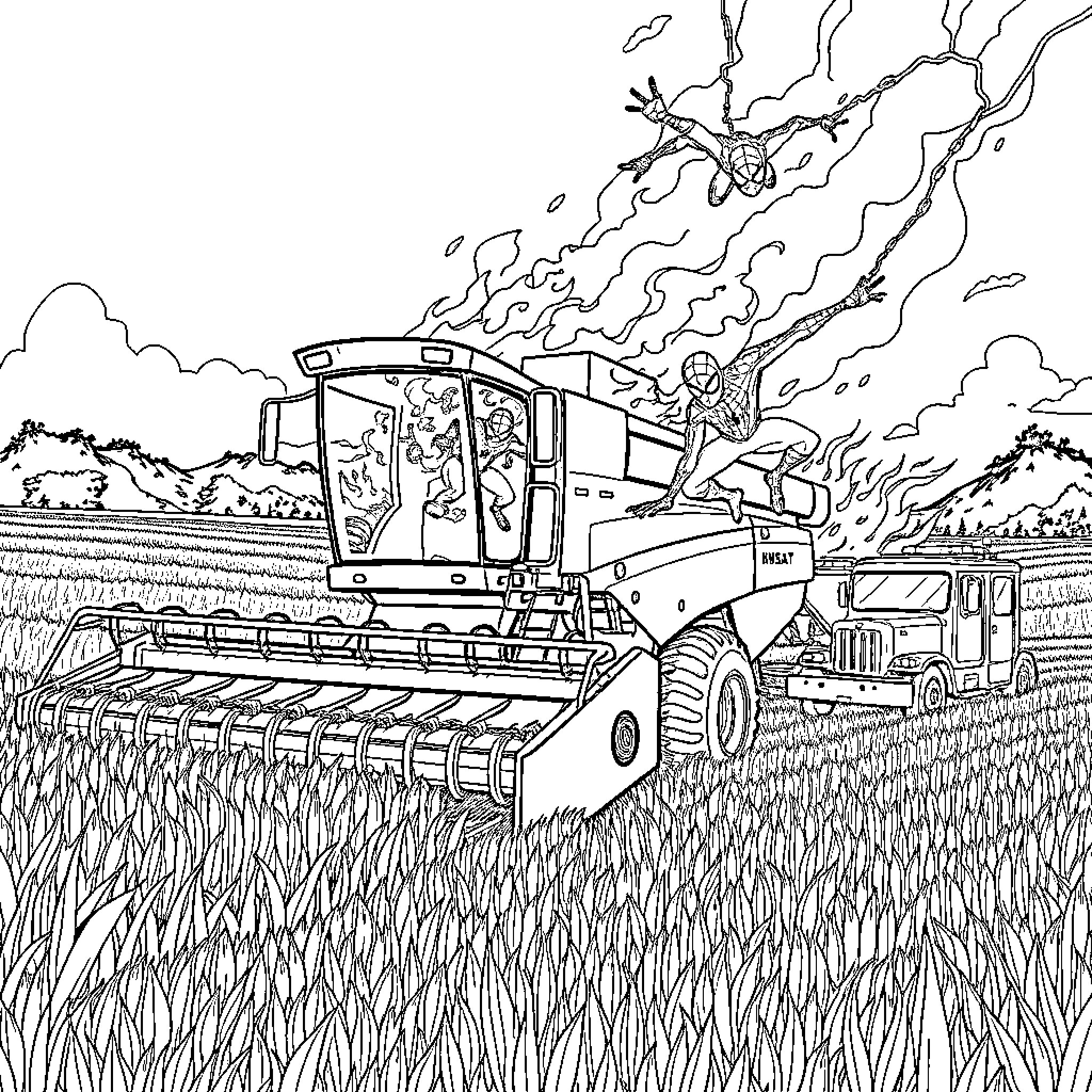 Combine Harvester at work in the field Coloring Page (free black-and-white line drawing printable PDF for all, from beginners to advanced learners, including children, teens, adults, and seniors)