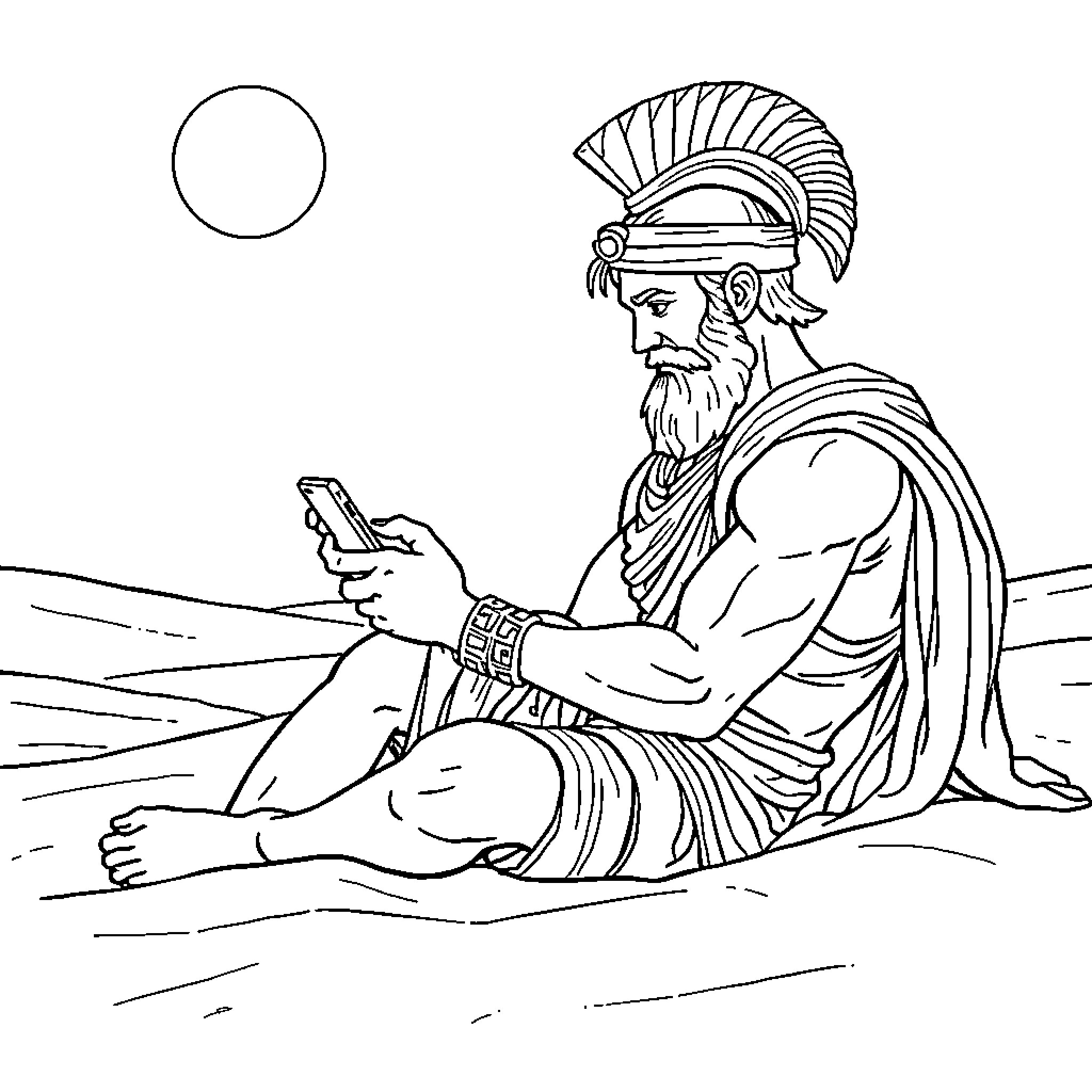 Achilles ponders by the shore Coloring Page (free black-and-white line drawing printable PDF for all, from beginners to advanced learners, including children, teens, adults, and seniors)