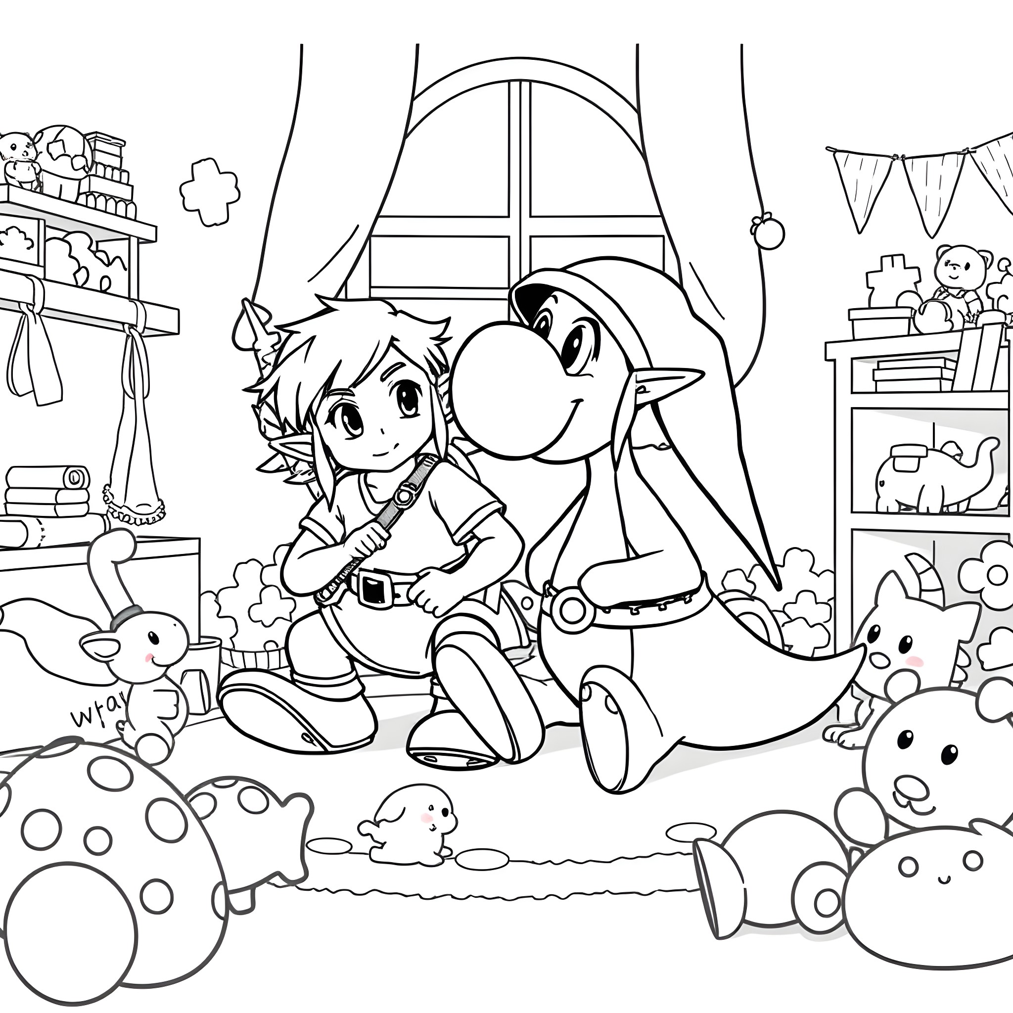 Zelda and Friends Explore the Cozy Room Coloring Page (free black-and-white line drawing printable PDF for all, from beginners to advanced learners, including children, teens, adults, and seniors)