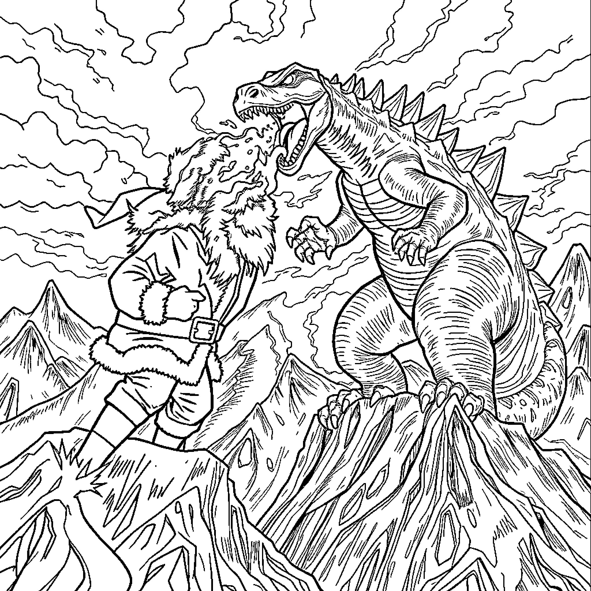 Santa Claus facing off against a fierce dinosaur Coloring Page (free black-and-white line drawing printable PDF for all, from beginners to advanced learners, including children, teens, adults, and seniors)
