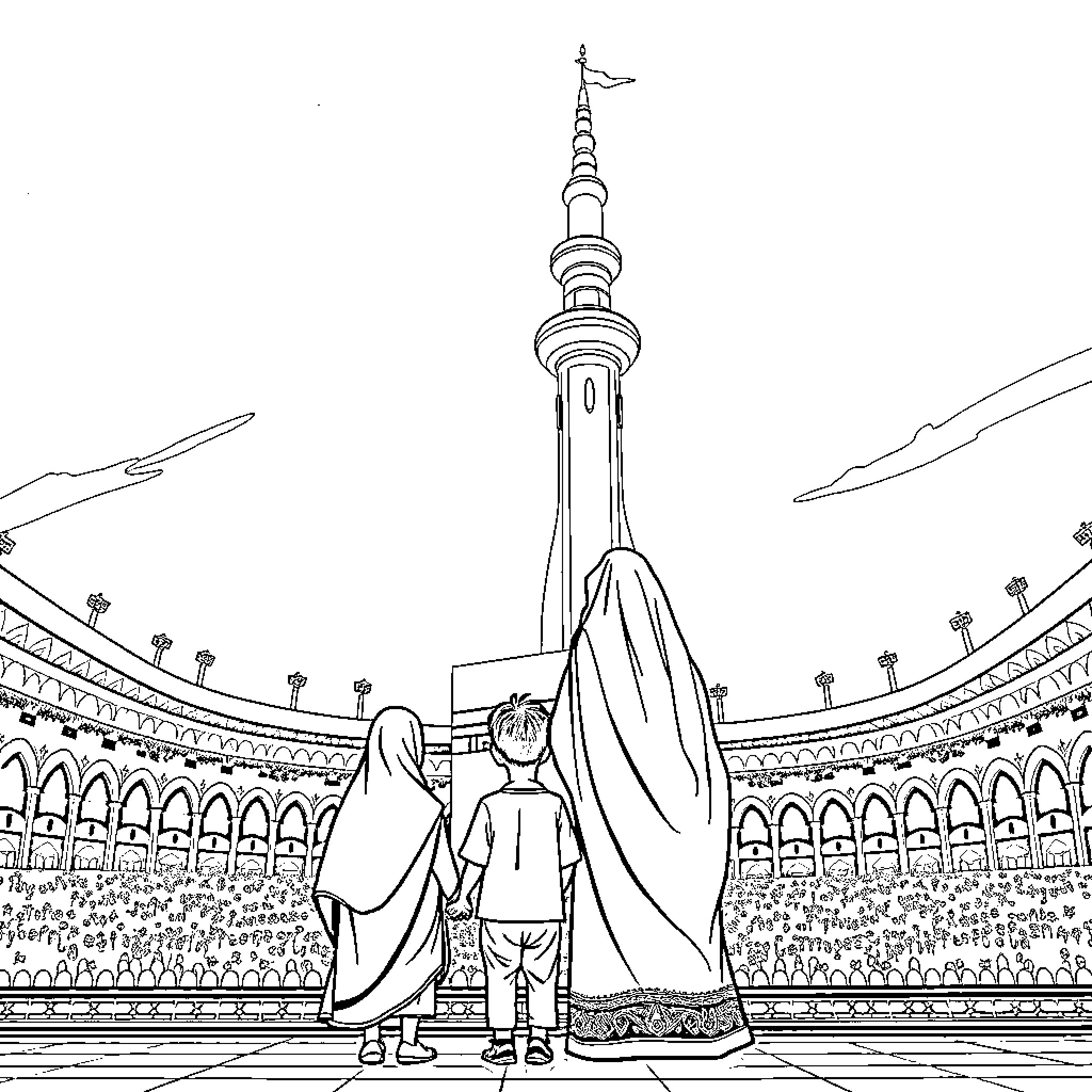 Son observing the majestic mosque with his family Coloring Page (free black-and-white line drawing printable PDF for all, from beginners to advanced learners, including children, teens, adults, and seniors)