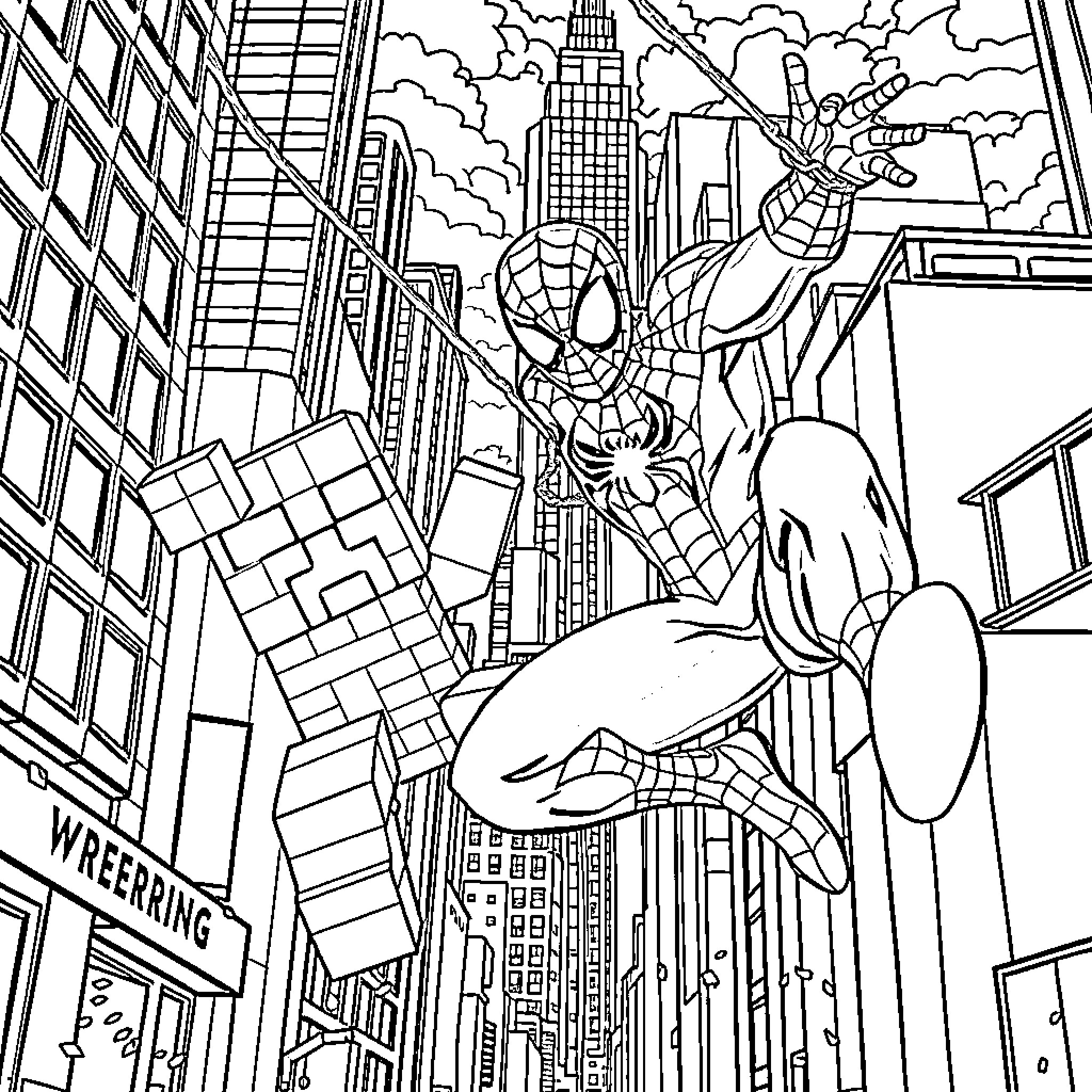 Spider-Man swinging heroically through the city skyline Coloring Page (free black-and-white line drawing printable PDF for all, from beginners to advanced learners, including children, teens, adults, and seniors)