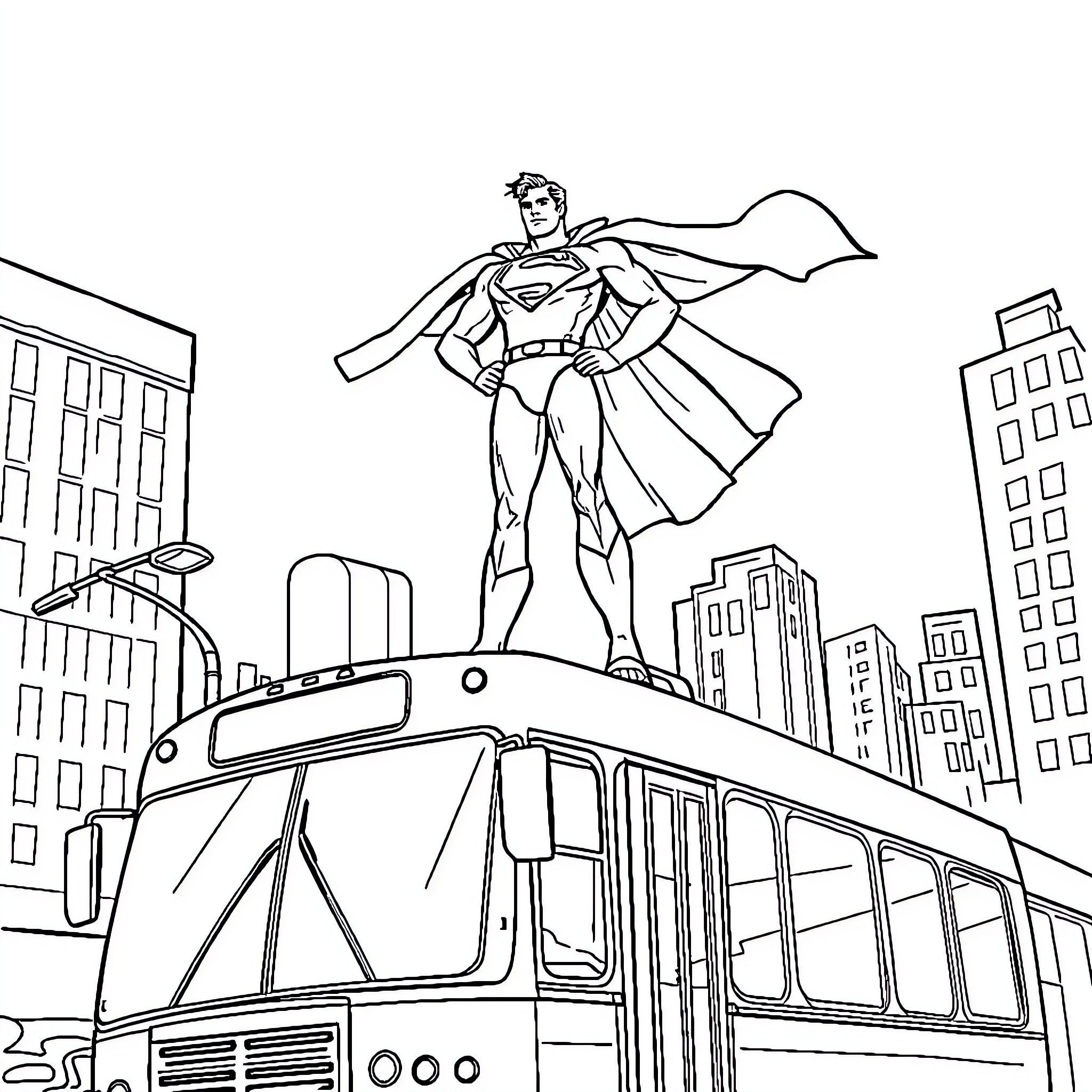 Superman in action over the city Coloring Page (free black-and-white line drawing printable PDF for all, from beginners to advanced learners, including children, teens, adults, and seniors)