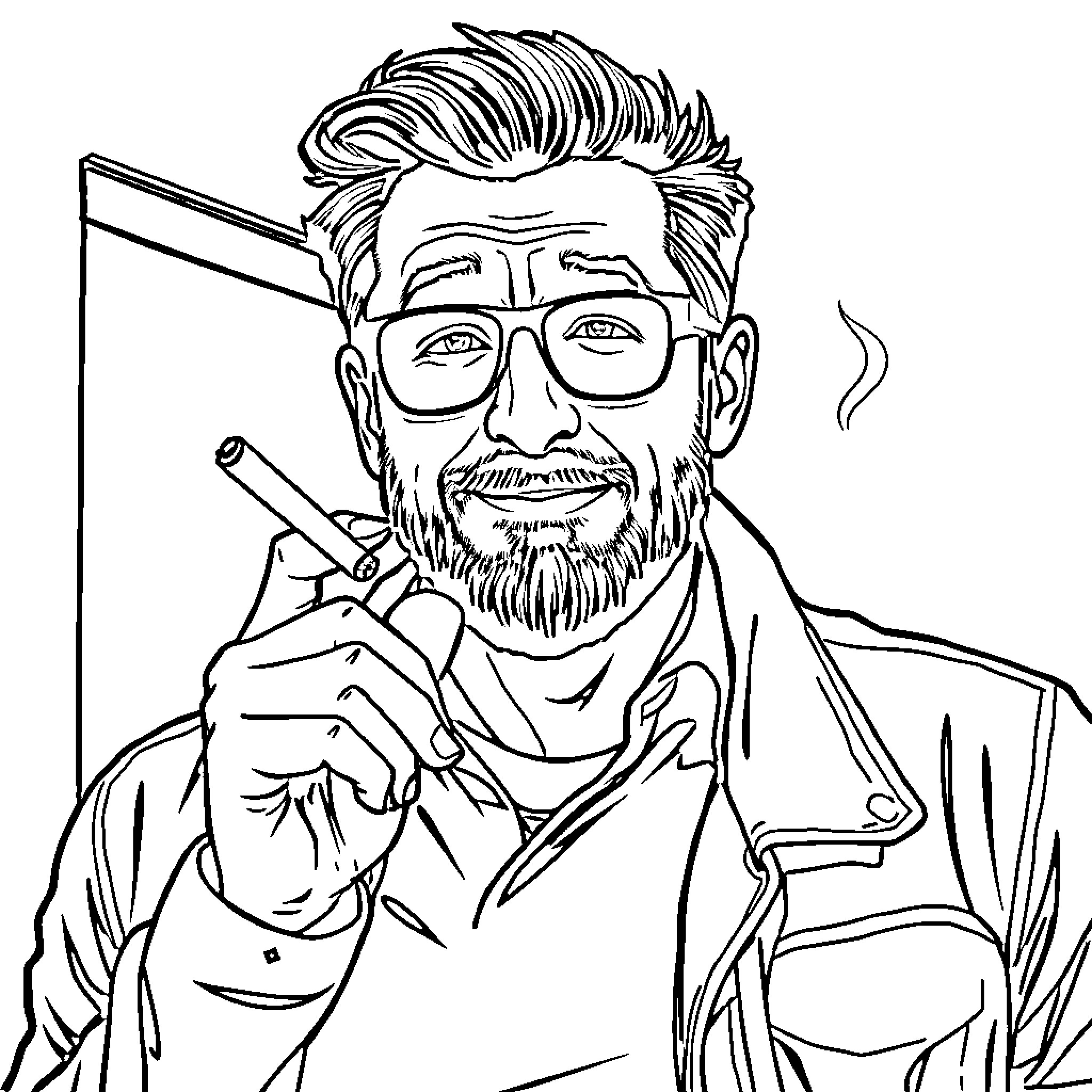 Garcello - Man with Glasses Smoking Cigarette Coloring Page (free black-and-white line drawing printable PDF for all, from beginners to advanced learners, including children, teens, adults, and seniors)