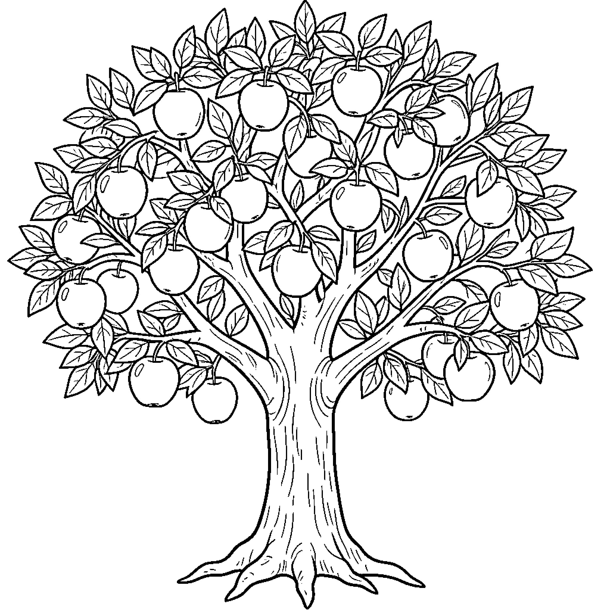 Tree bearing many ripe fruits on thick branches Coloring Page (free black-and-white line drawing printable PDF for all, from beginners to advanced learners, including children, teens, adults, and seniors)