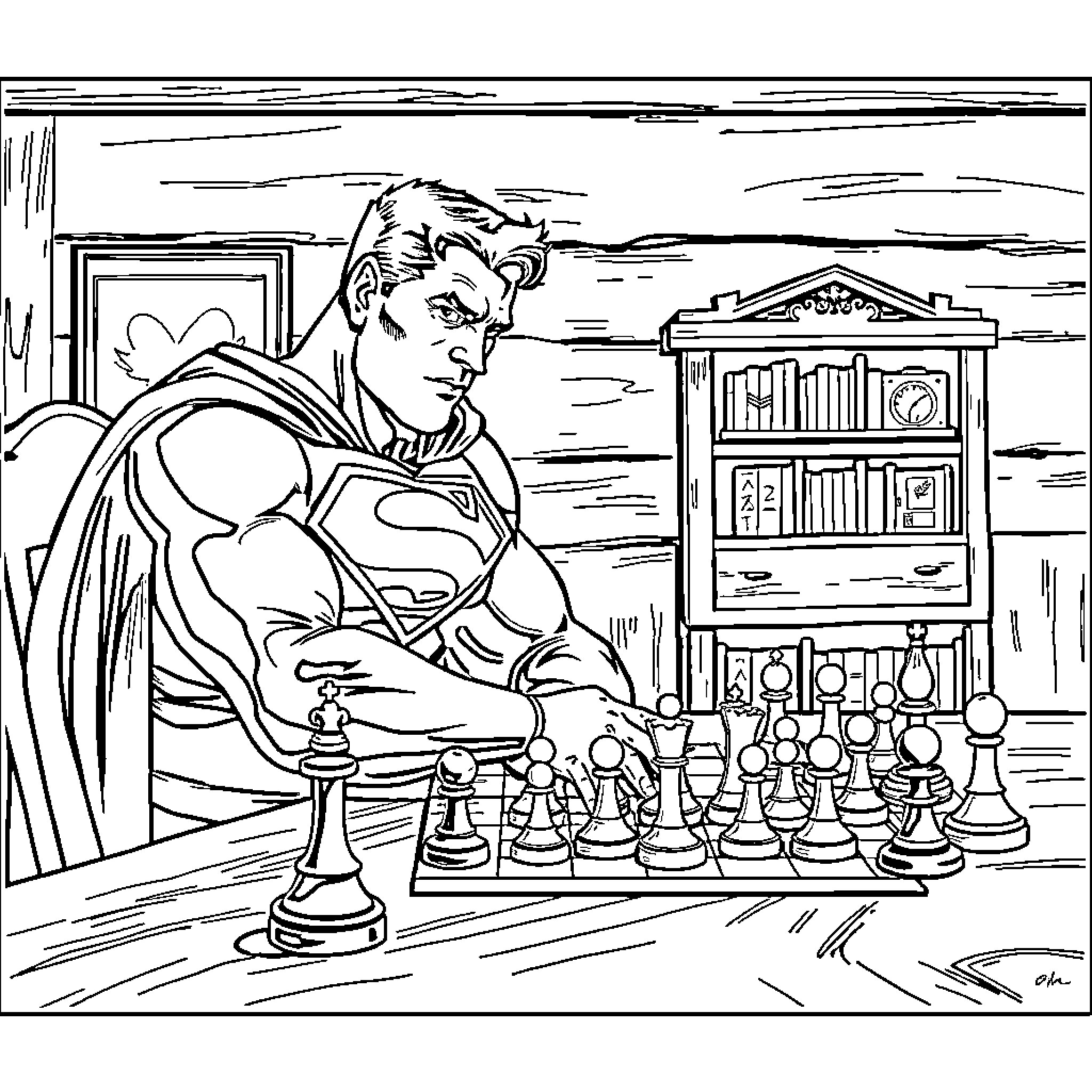 Superman playing chess in his study Coloring Page (free black-and-white line drawing printable PDF for all, from beginners to advanced learners, including children, teens, adults, and seniors)