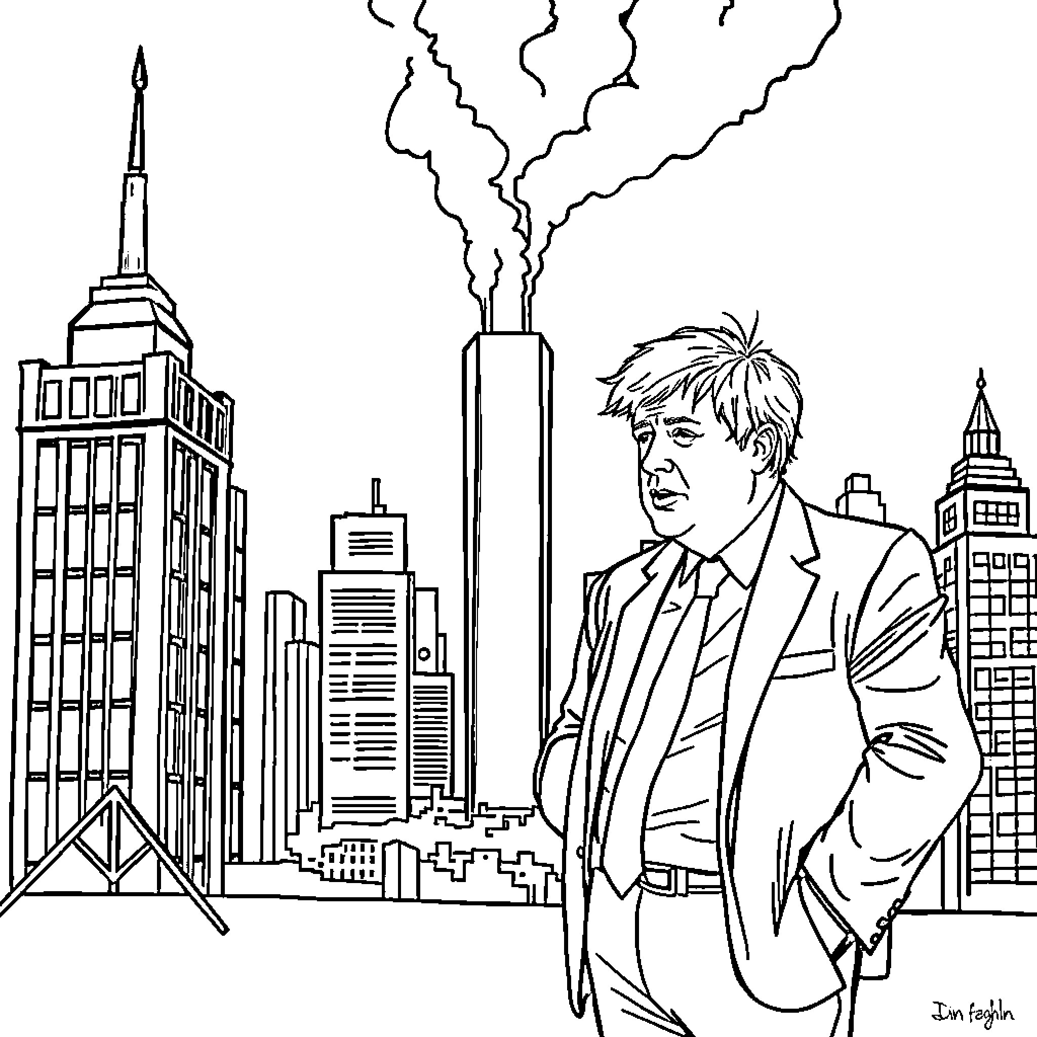 Boris Johnson in the bustling city Coloring Page (free black-and-white line drawing printable PDF for all, from beginners to advanced learners, including children, teens, adults, and seniors)