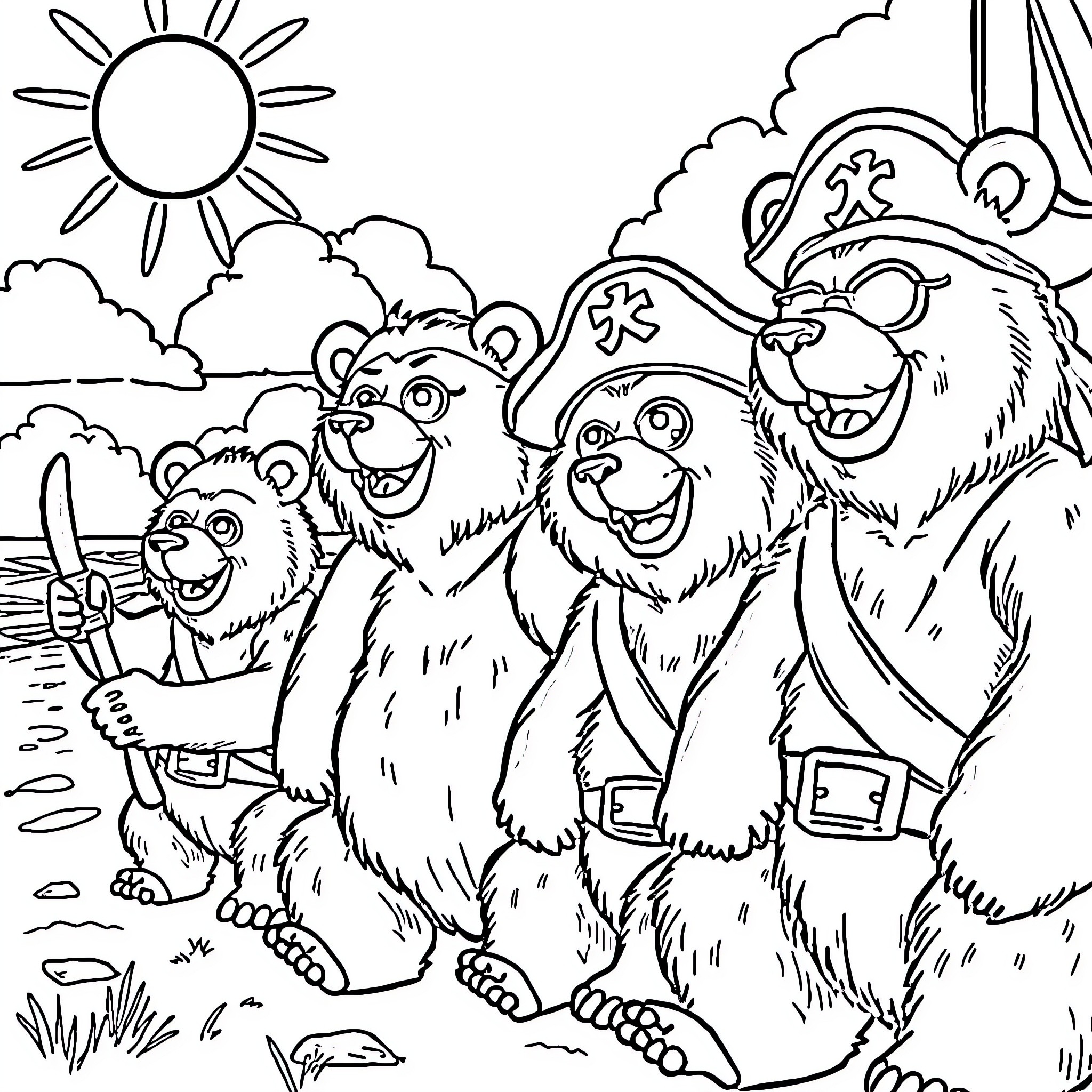 Bear pirates sailing on a sunny day Coloring Page (free black-and-white line drawing printable PDF for all, from beginners to advanced learners, including children, teens, adults, and seniors)