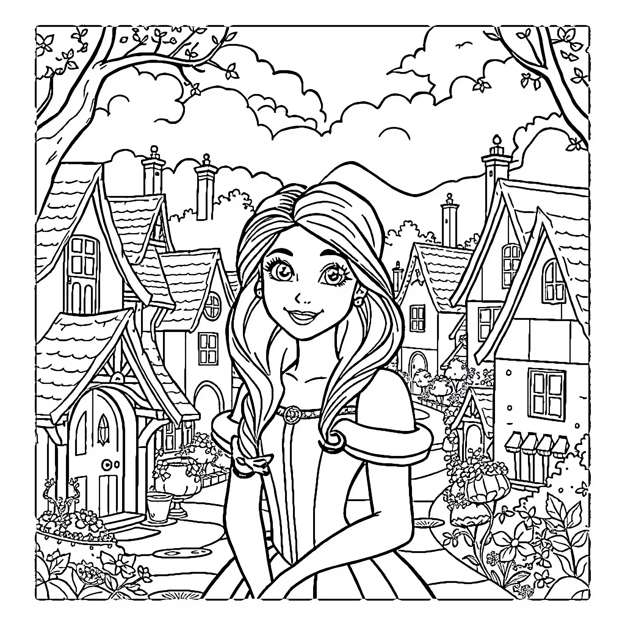 Belle's Enchanting Adventure in the Quaint Village Coloring Page (free black-and-white line drawing printable PDF for all, from beginners to advanced learners, including children, teens, adults, and seniors)
